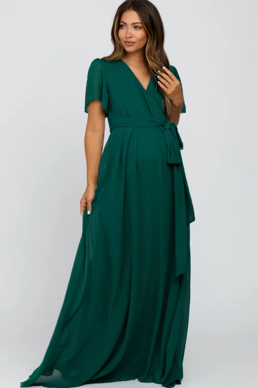Forest Green Chiffon Short Sleeve Maternity Maxi Dress sold by Pinkblush