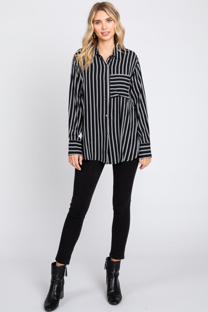Black Striped Front Pocket Button Down Side Slit Top sold by Pinkblush product image thumbnail 4