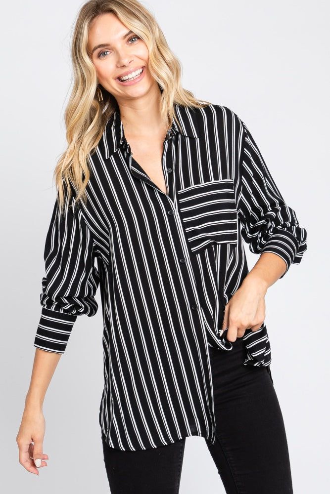 Black Striped Front Pocket Button Down Side Slit Top sold by Pinkblush