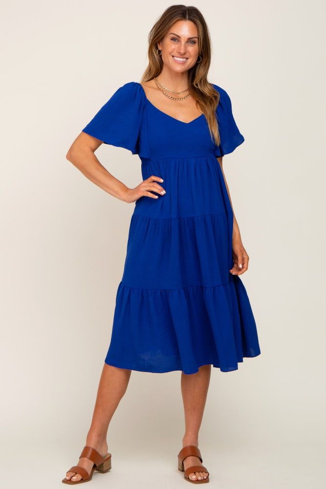 Royal Blue Tiered Criss Cross Back Midi Dress sold by Pinkblush