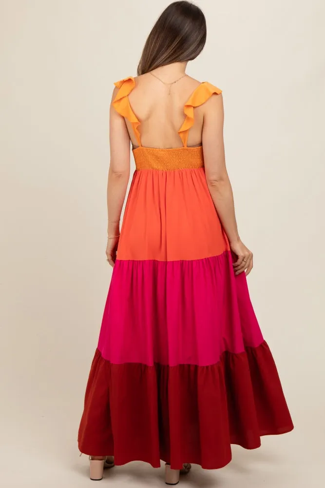 Orange Colorblock Tiered Ruffle Strap Maternity Maxi Dress sold by Pinkblush product image thumbnail 4