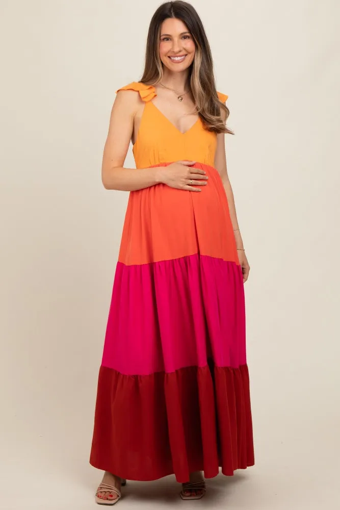 Orange Colorblock Tiered Ruffle Strap Maternity Maxi Dress sold by Pinkblush