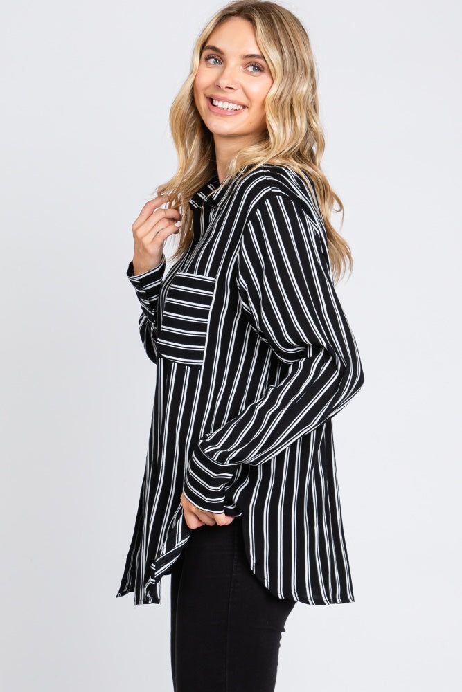 Black Striped Front Pocket Button Down Side Slit Top sold by Pinkblush product image thumbnail 2