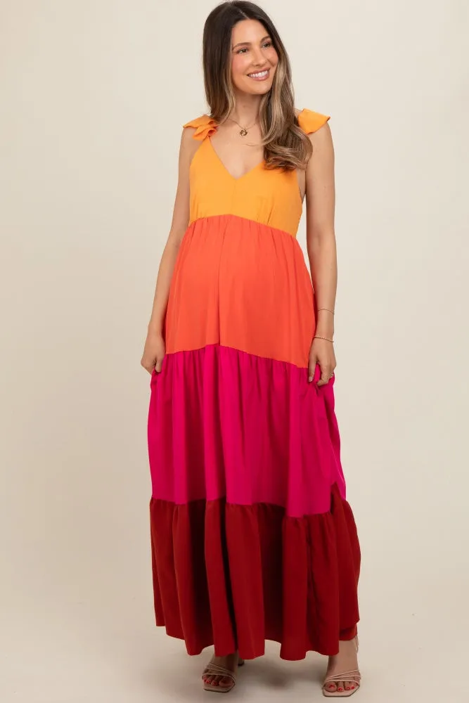 Orange Colorblock Tiered Ruffle Strap Maternity Maxi Dress sold by Pinkblush product image thumbnail 2
