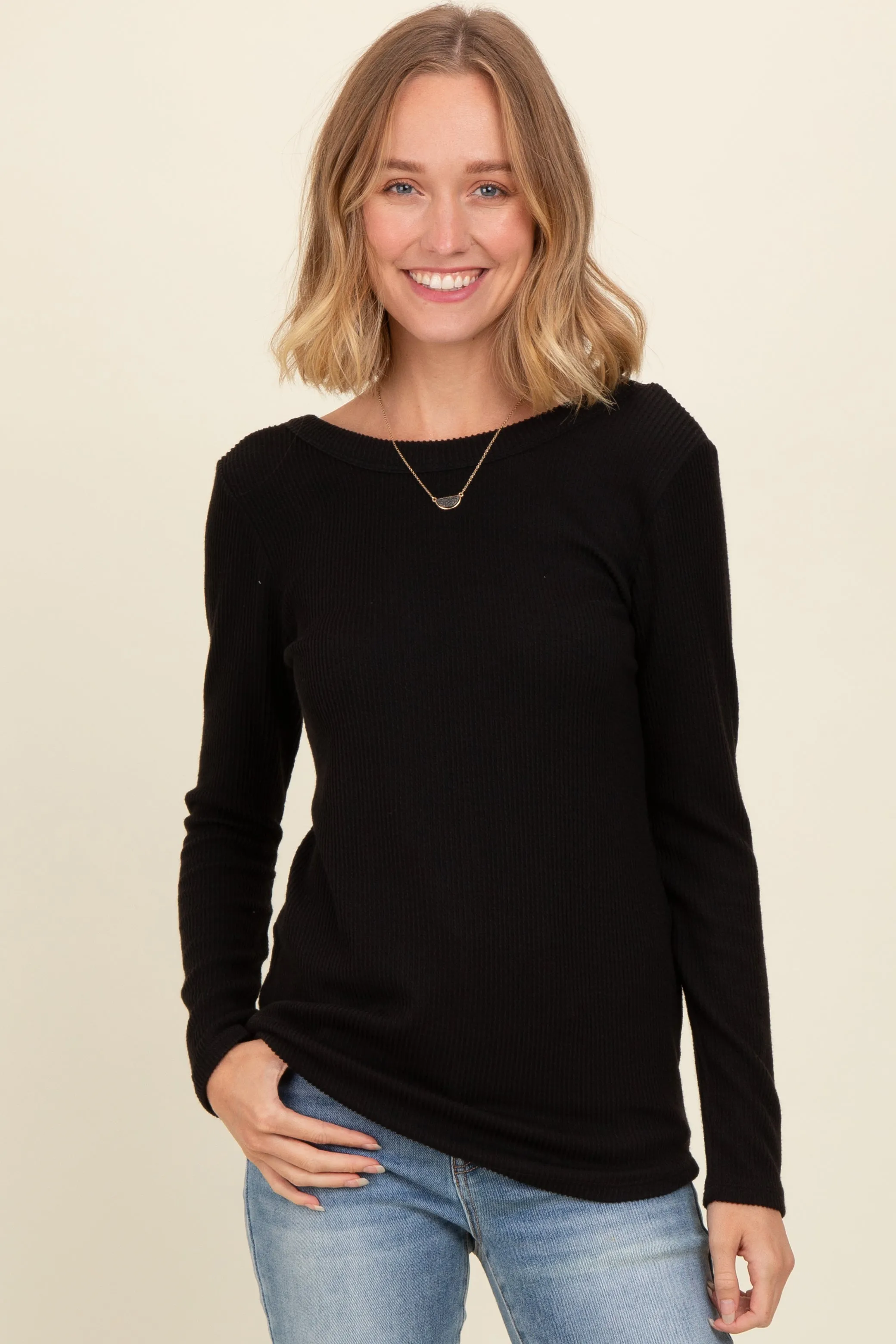 Black Ribbed Scoop Neck Long Sleeve Top sold by Pinkblush product image thumbnail 4