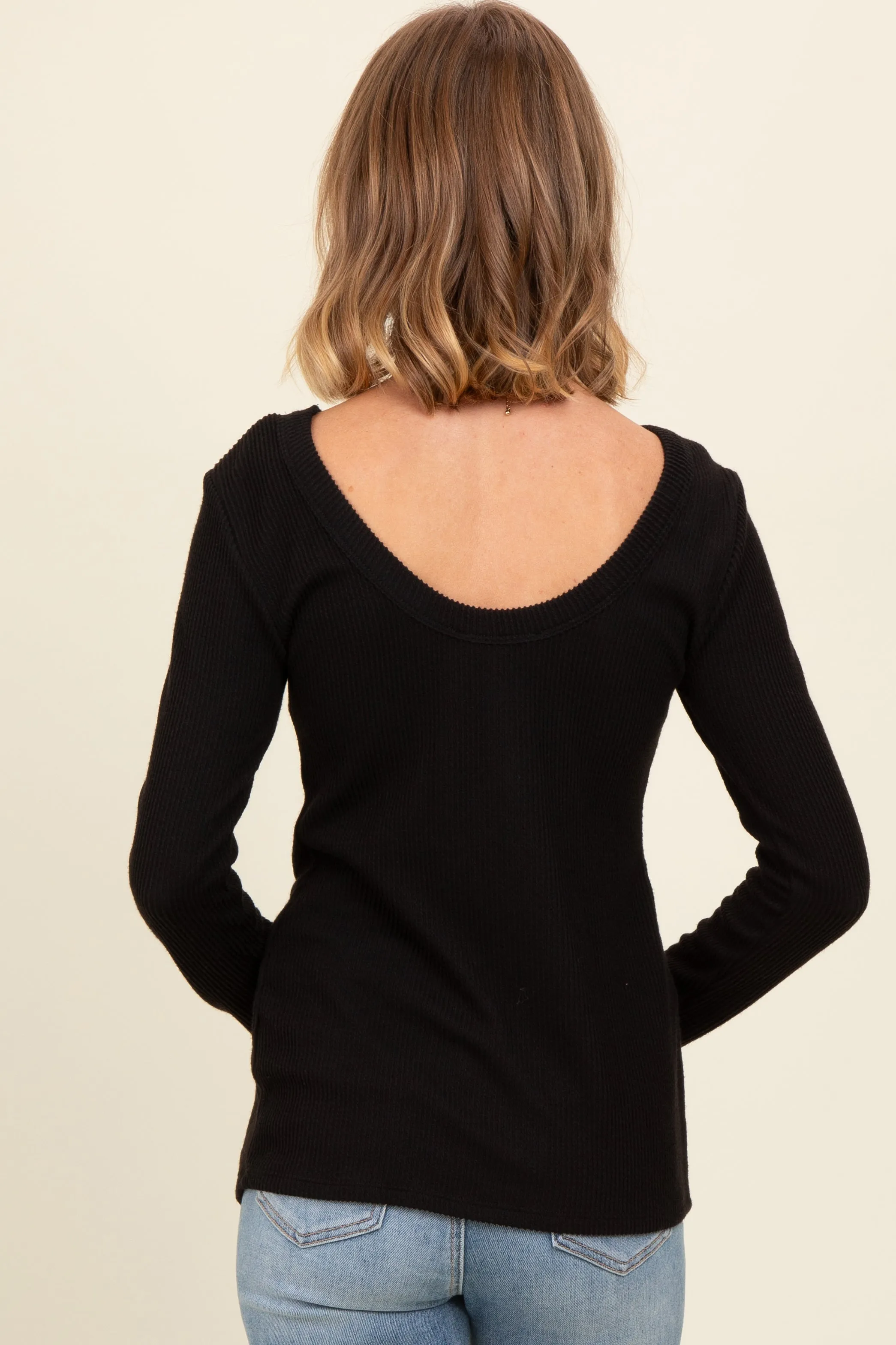 Black Ribbed Scoop Neck Long Sleeve Top sold by Pinkblush product image thumbnail 3