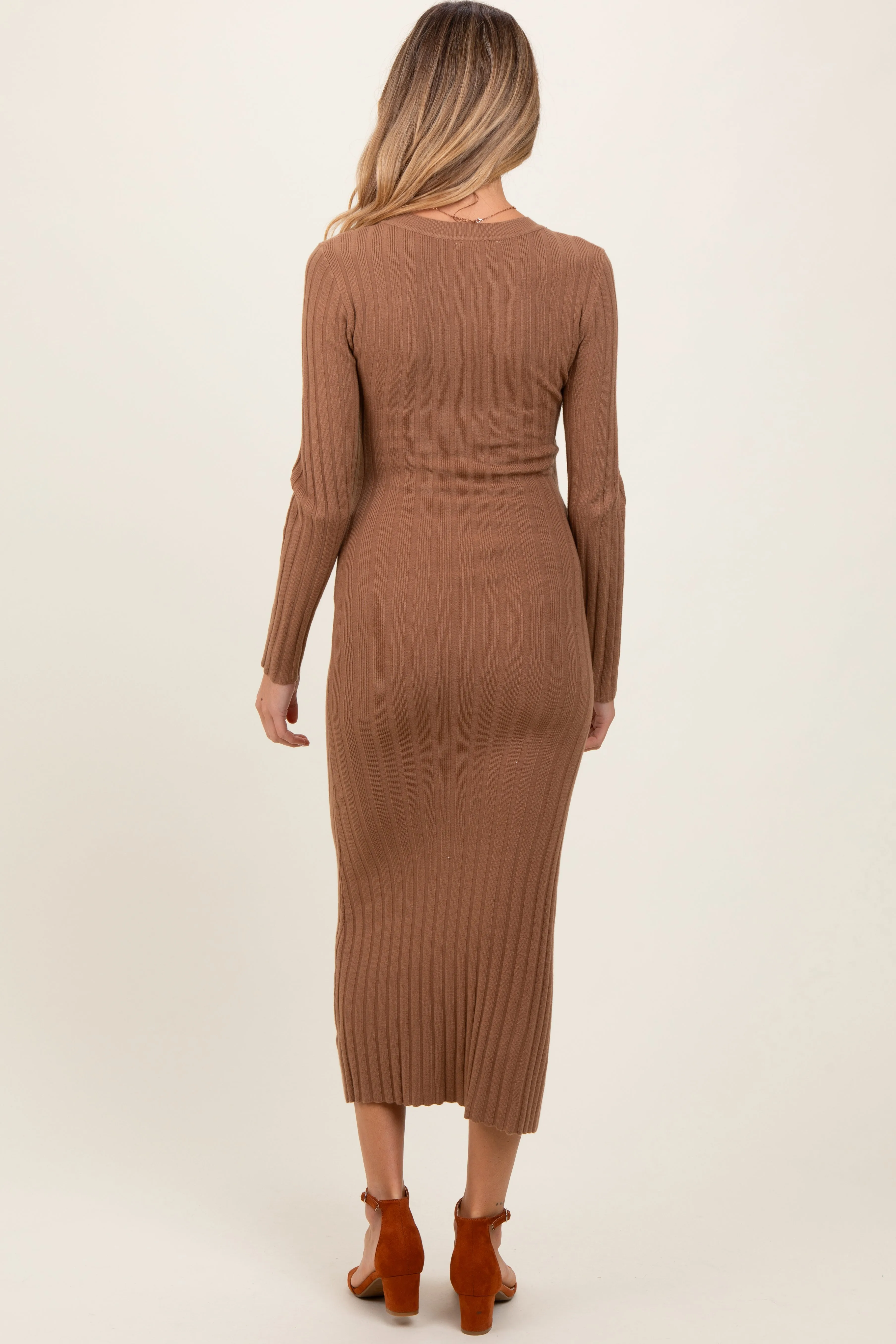Mocha Ribbed Knit Fitted Maternity Midi Sweater Dress sold by Pinkblush product image thumbnail 4