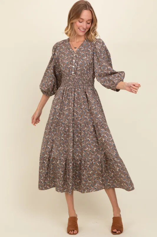 Brown Floral Button Front V-Neck Midi Dress sold by Pinkblush