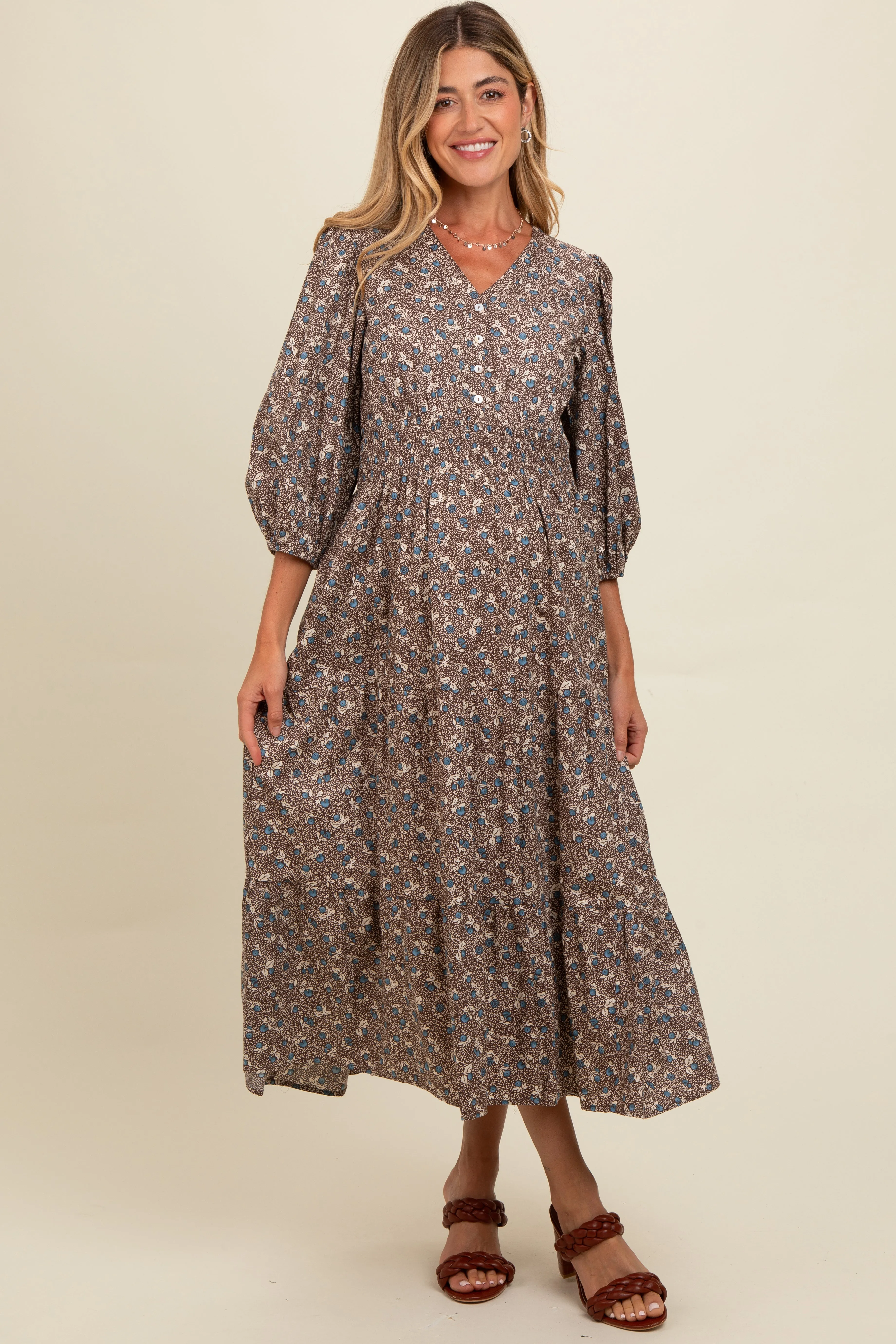 Brown Floral Button Front V-Neck Maternity Midi Dress sold by Pinkblush