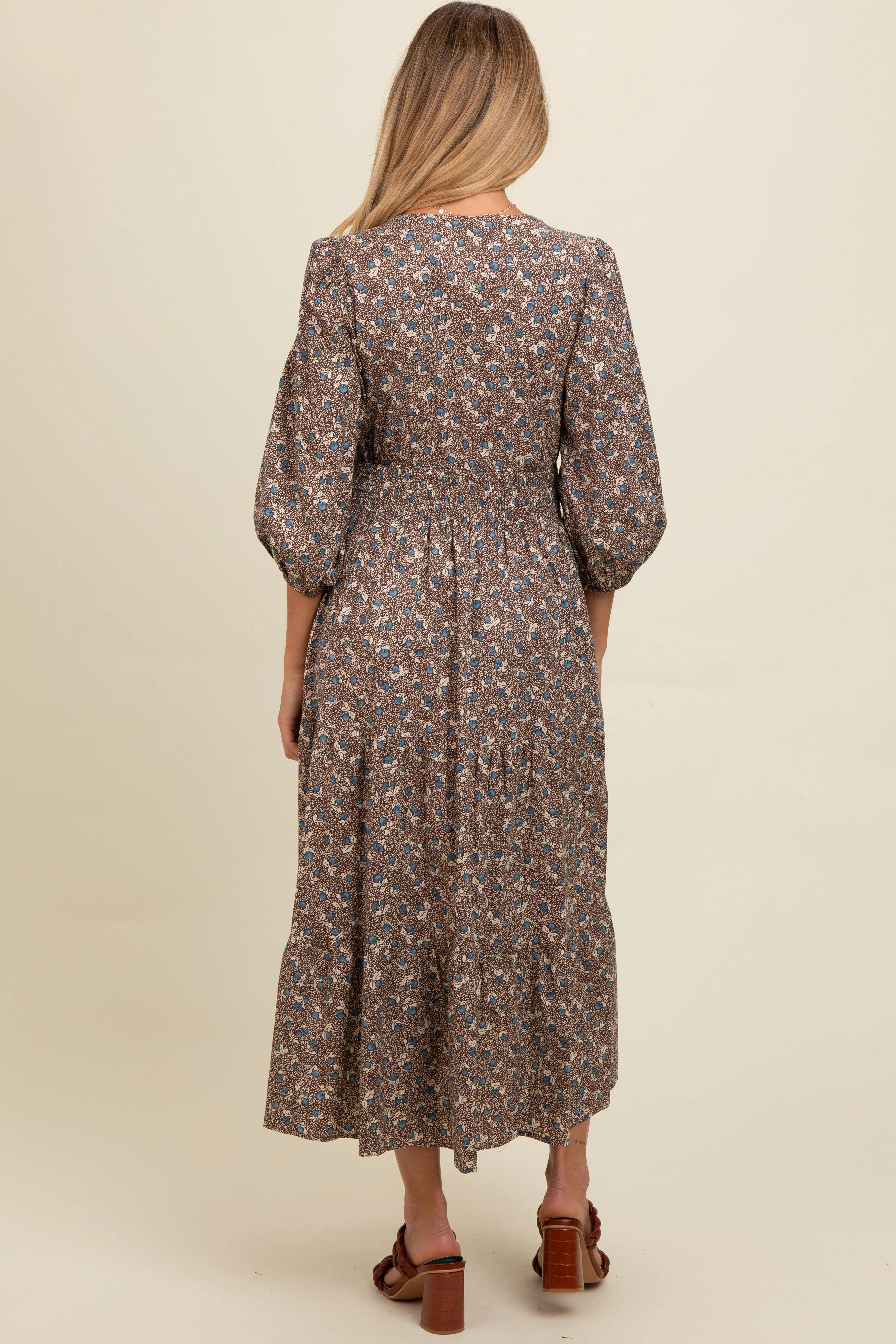 Brown Floral Button Front V-Neck Maternity Midi Dress sold by Pinkblush product image thumbnail 2