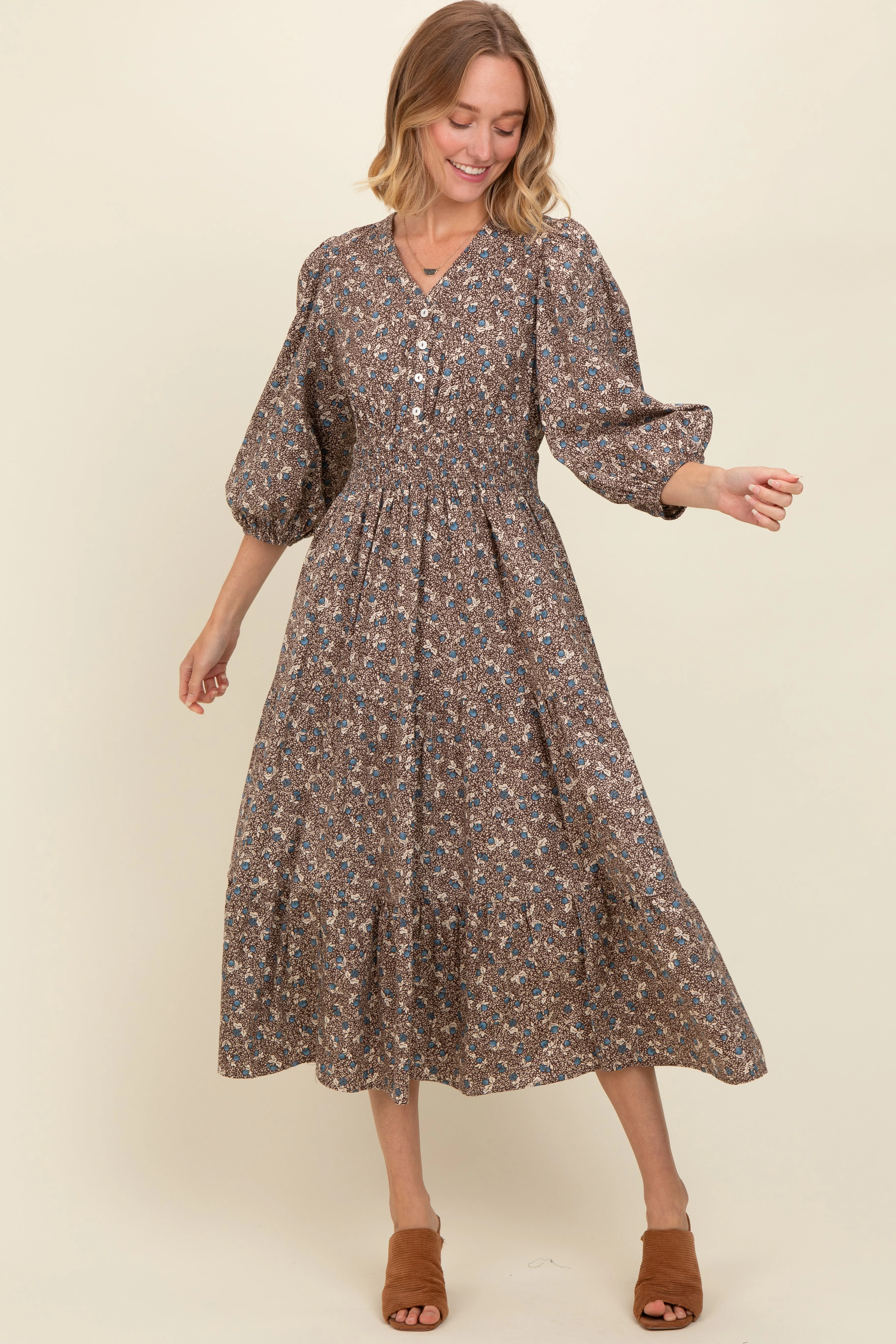 Brown Floral Button Front V-Neck Maternity Midi Dress sold by Pinkblush product image thumbnail 3