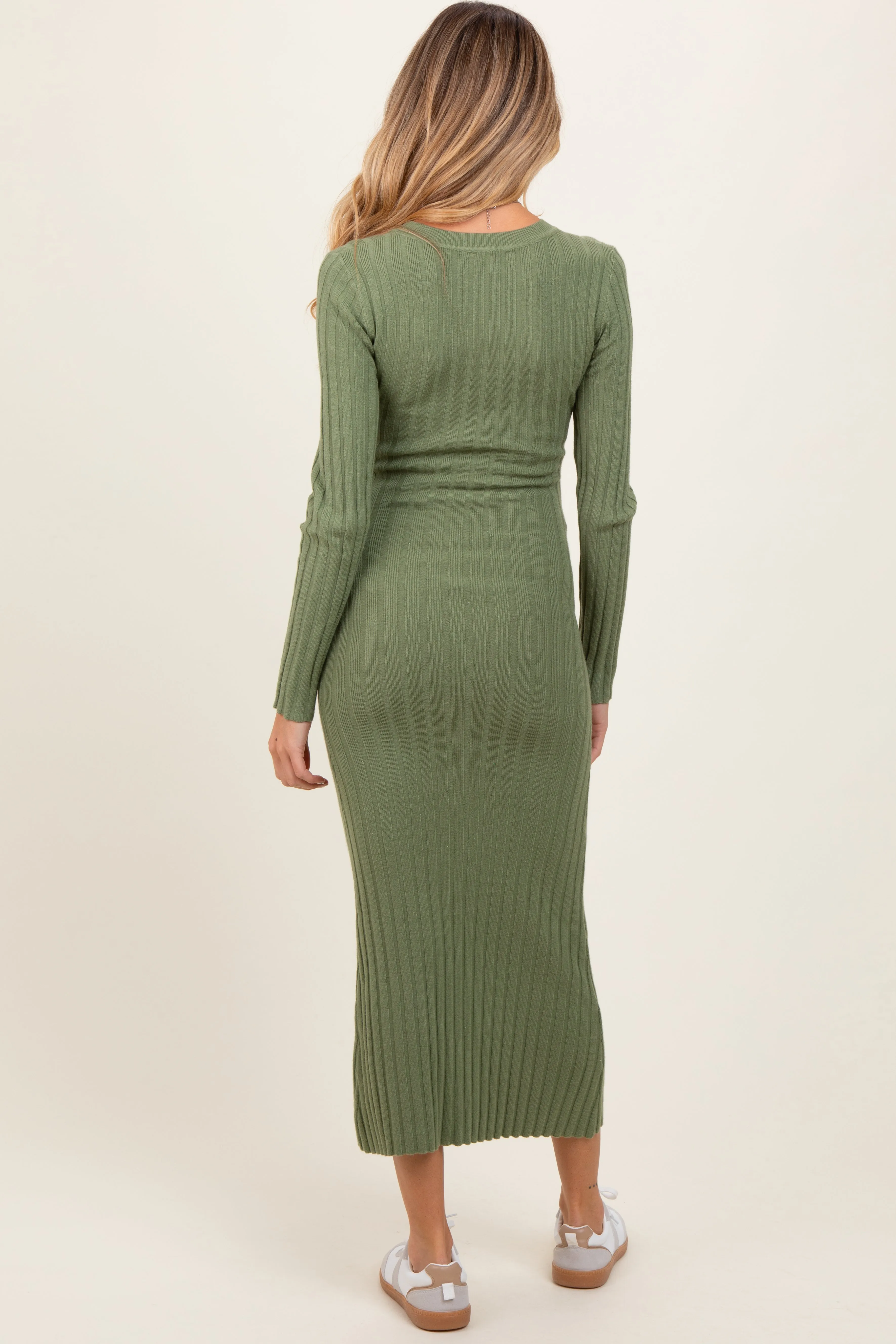 Olive Ribbed Knit Fitted Maternity Midi Sweater Dress sold by Pinkblush product image thumbnail 4