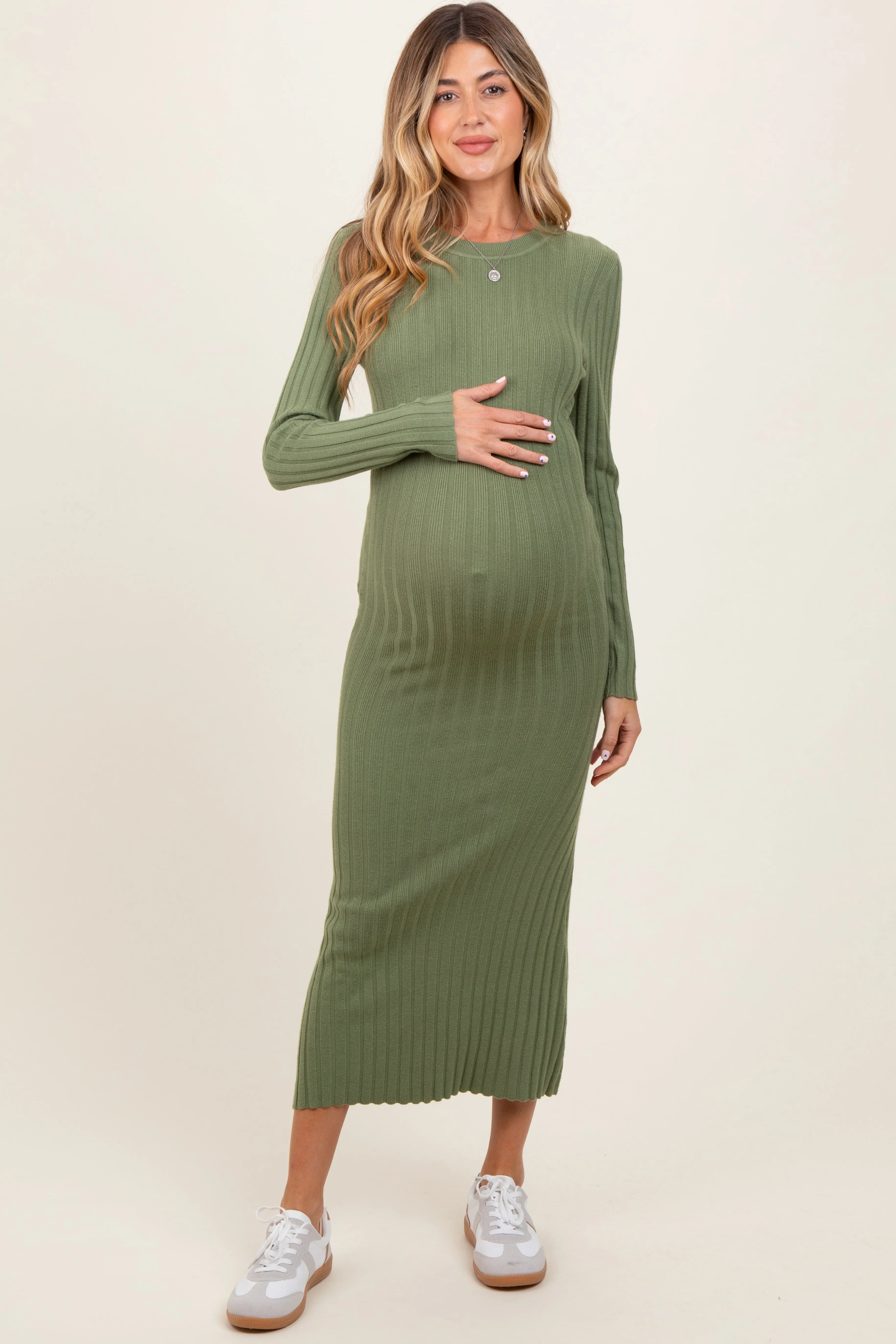 Olive Ribbed Knit Fitted Maternity Midi Sweater Dress sold by Pinkblush
