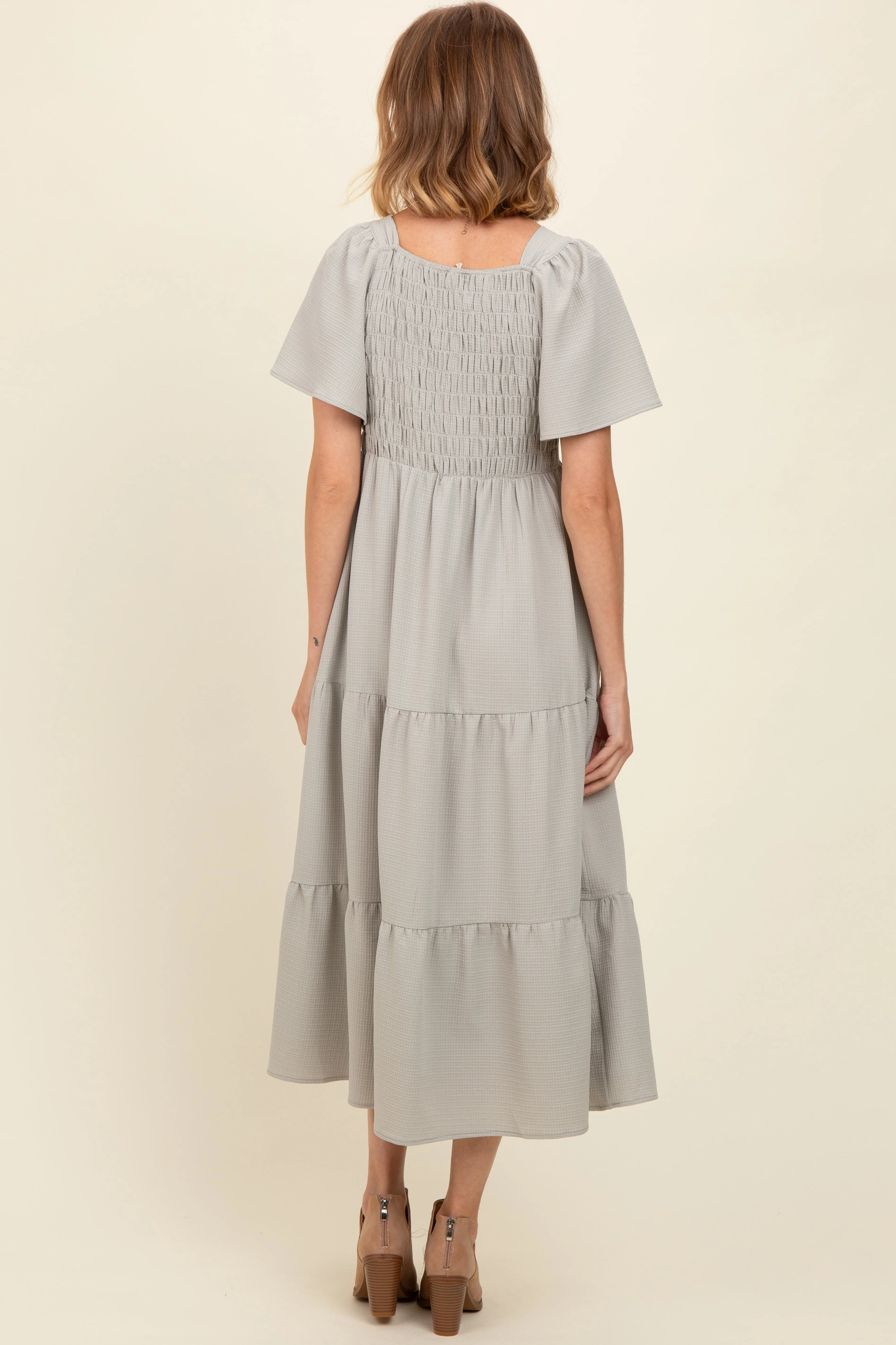 Light Olive Sweetheart Neck Short Puff Sleeve Tiered Midi Dress sold by Pinkblush product image thumbnail 3