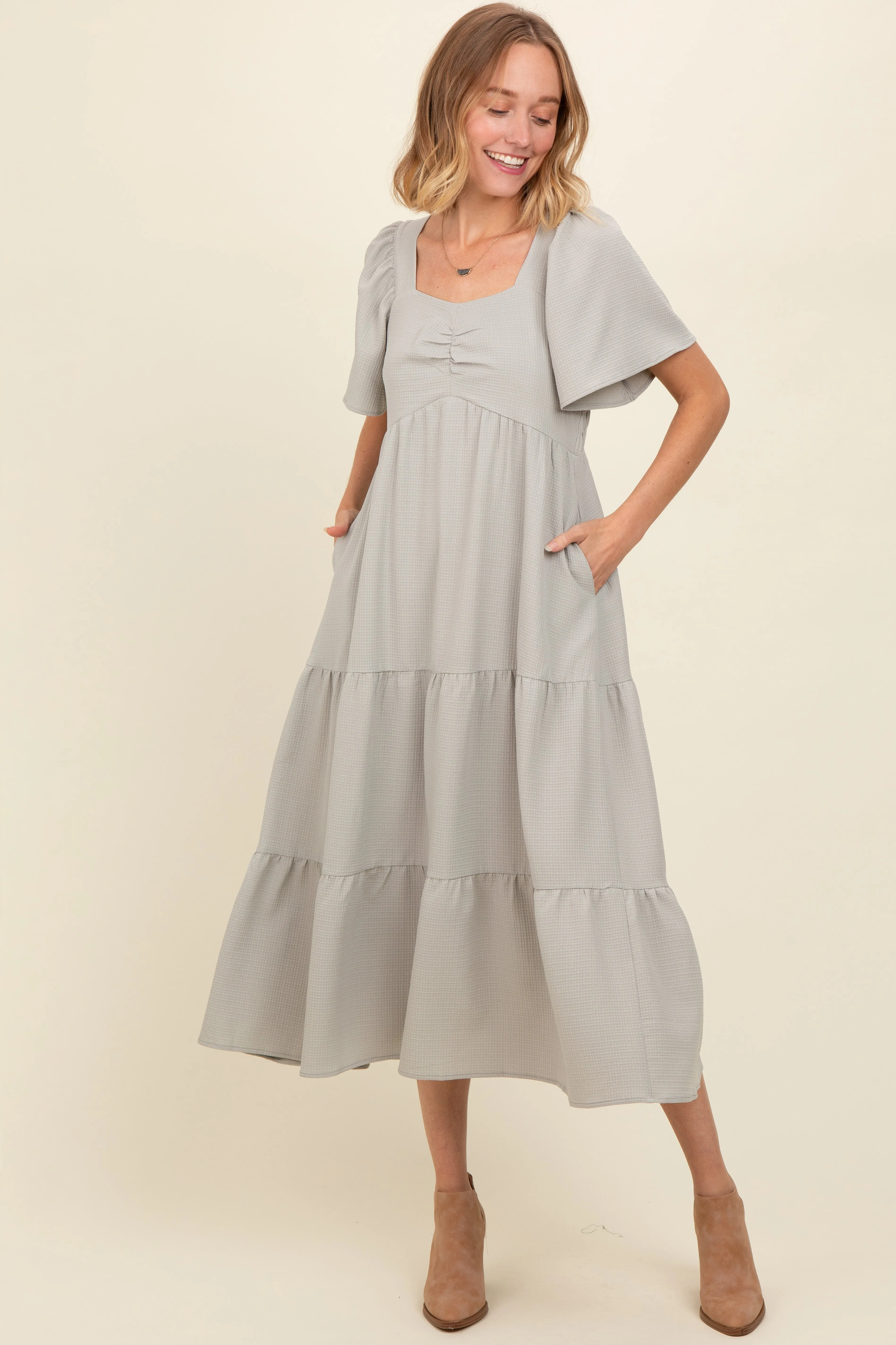 Light Olive Sweetheart Neck Short Puff Sleeve Tiered Midi Dress sold by Pinkblush