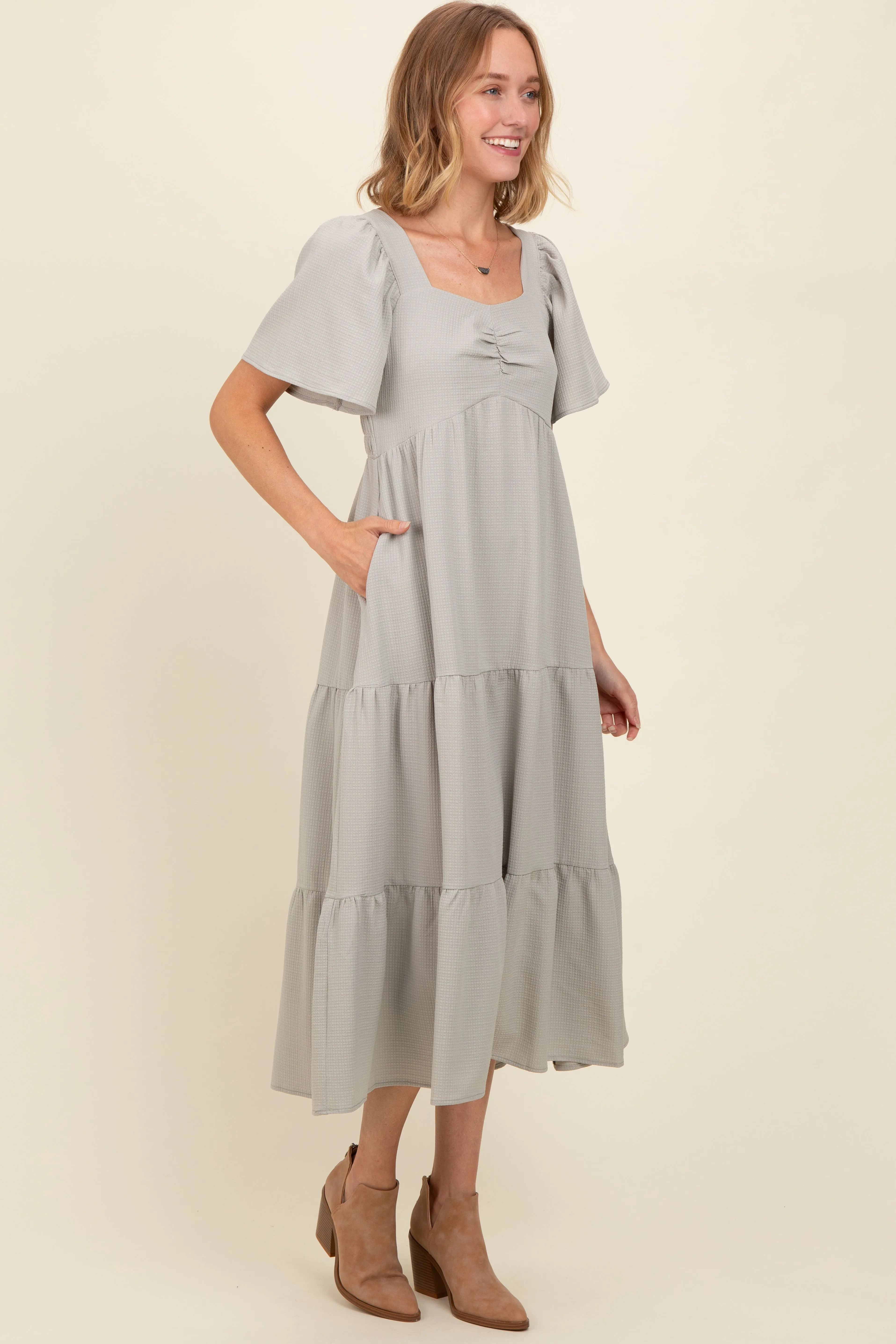 Light Olive Sweetheart Neck Short Puff Sleeve Tiered Midi Dress sold by Pinkblush product image thumbnail 2