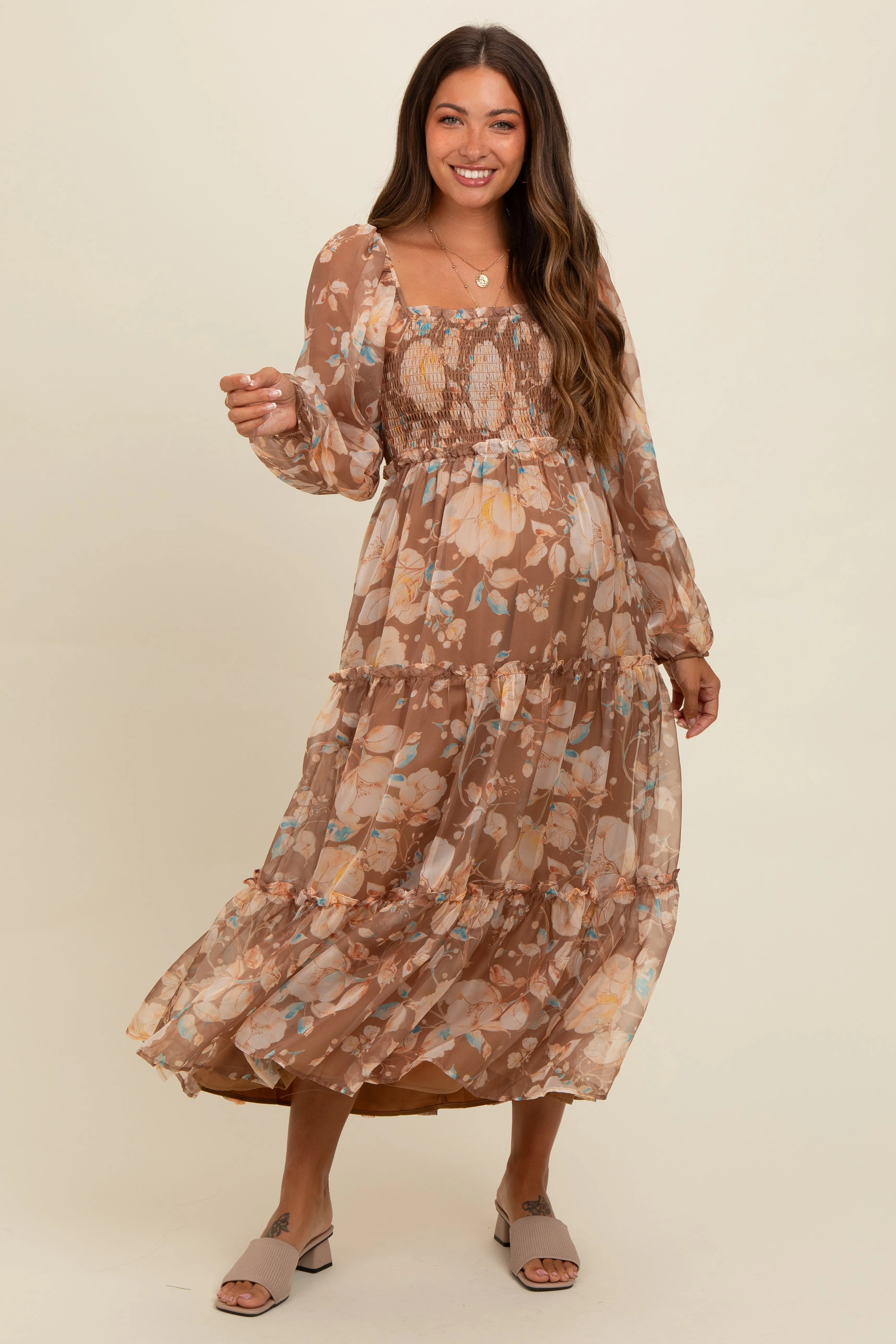 Mocha Floral Square Neck Smocked Maternity Midi Dress sold by Pinkblush