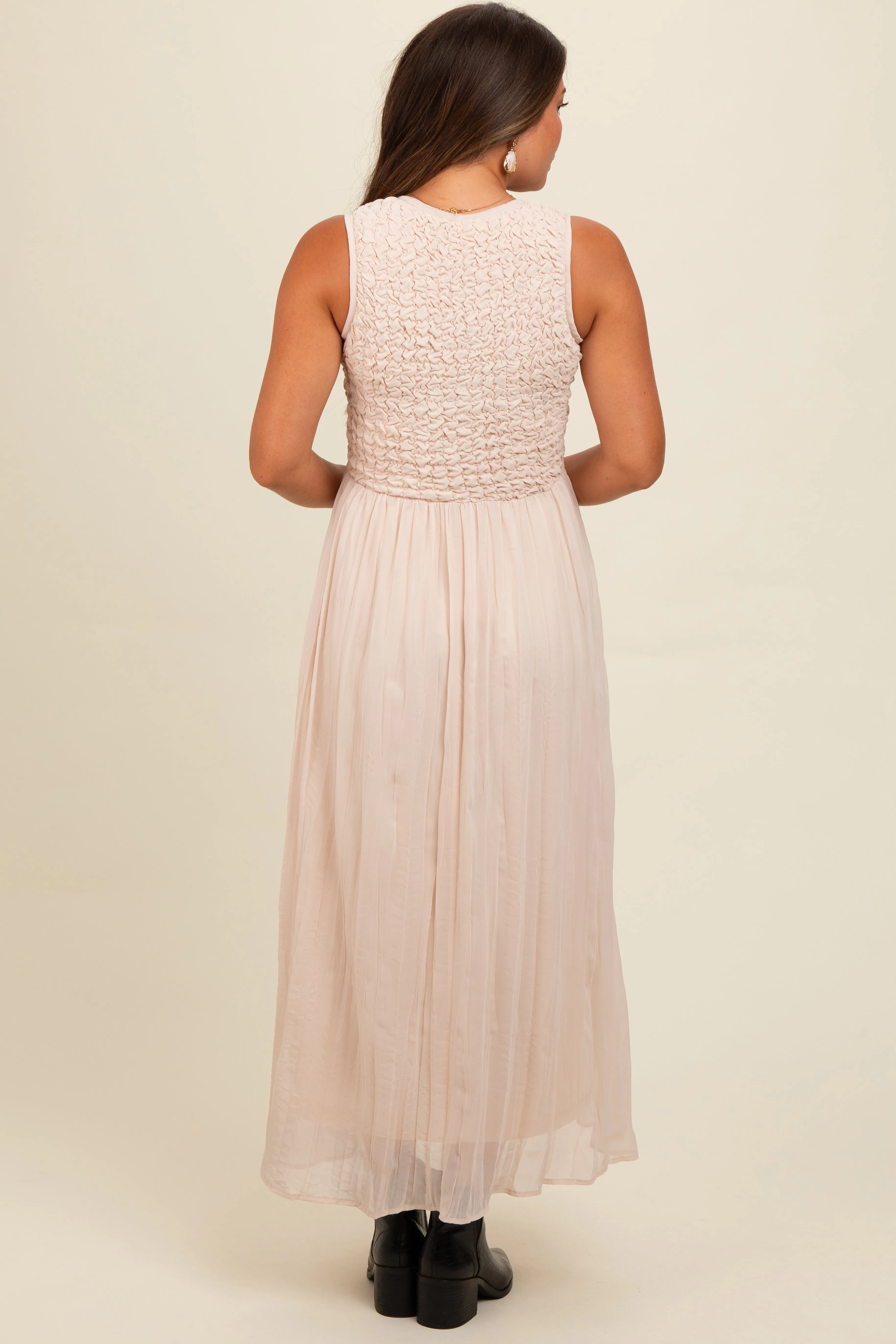 Cream Textured Smocked Bodice Sleeveless Maternity Maxi Dress sold by Pinkblush product image thumbnail 4