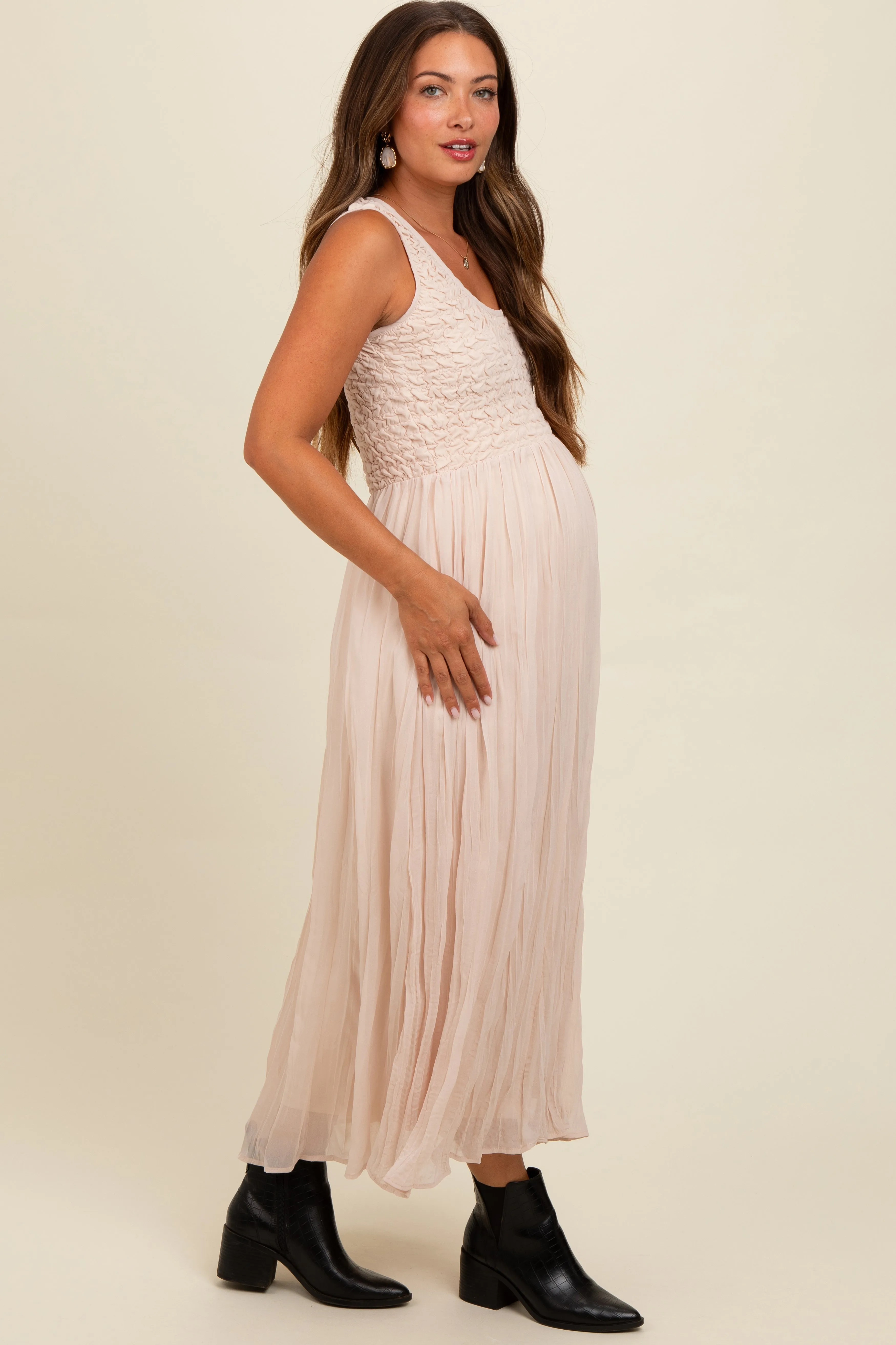 Cream Textured Smocked Bodice Sleeveless Maternity Maxi Dress sold by Pinkblush product image thumbnail 3