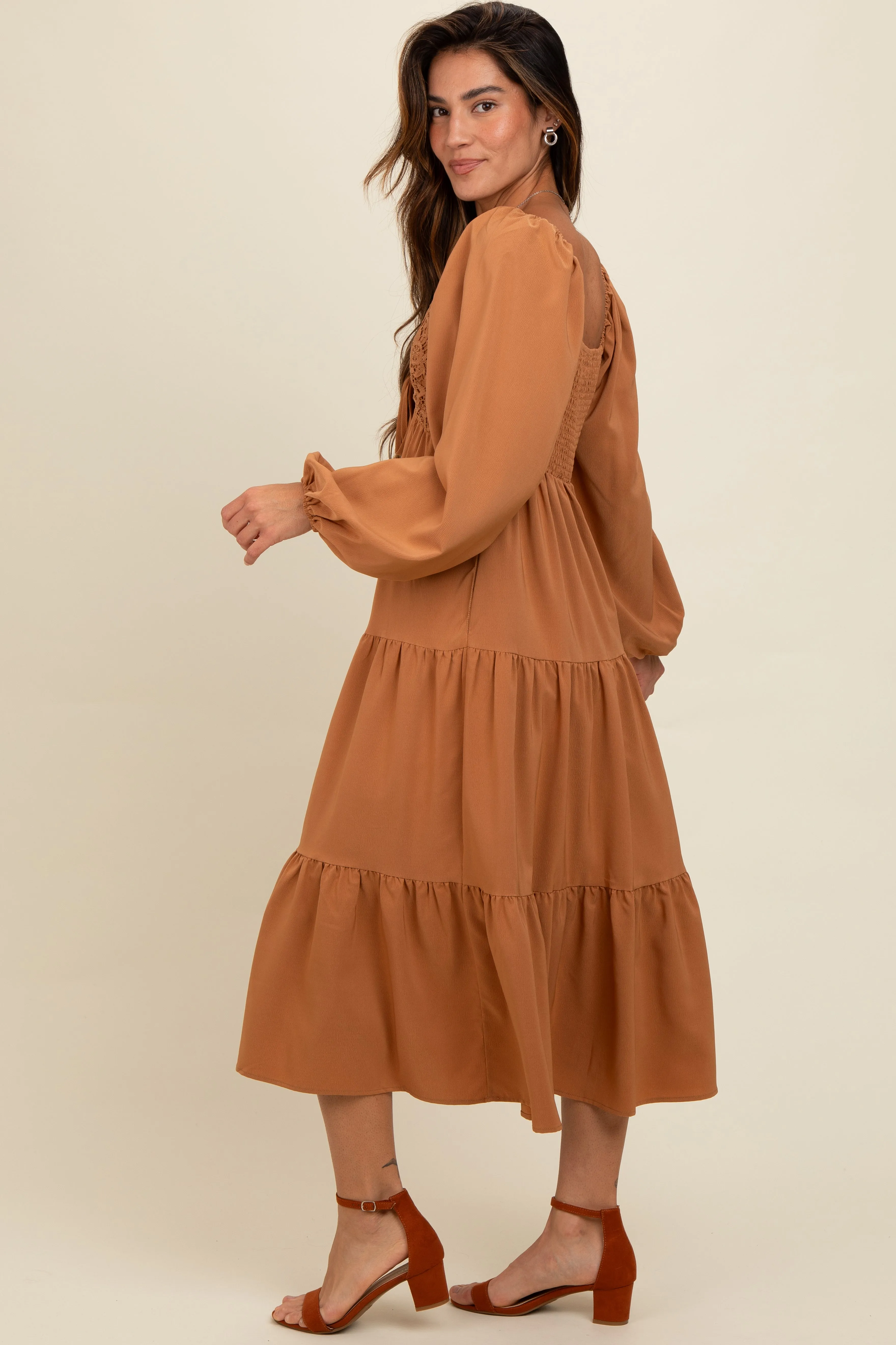 Mocha Contrast Lace Bodice Tiered Midi Dress sold by Pinkblush product image thumbnail 3