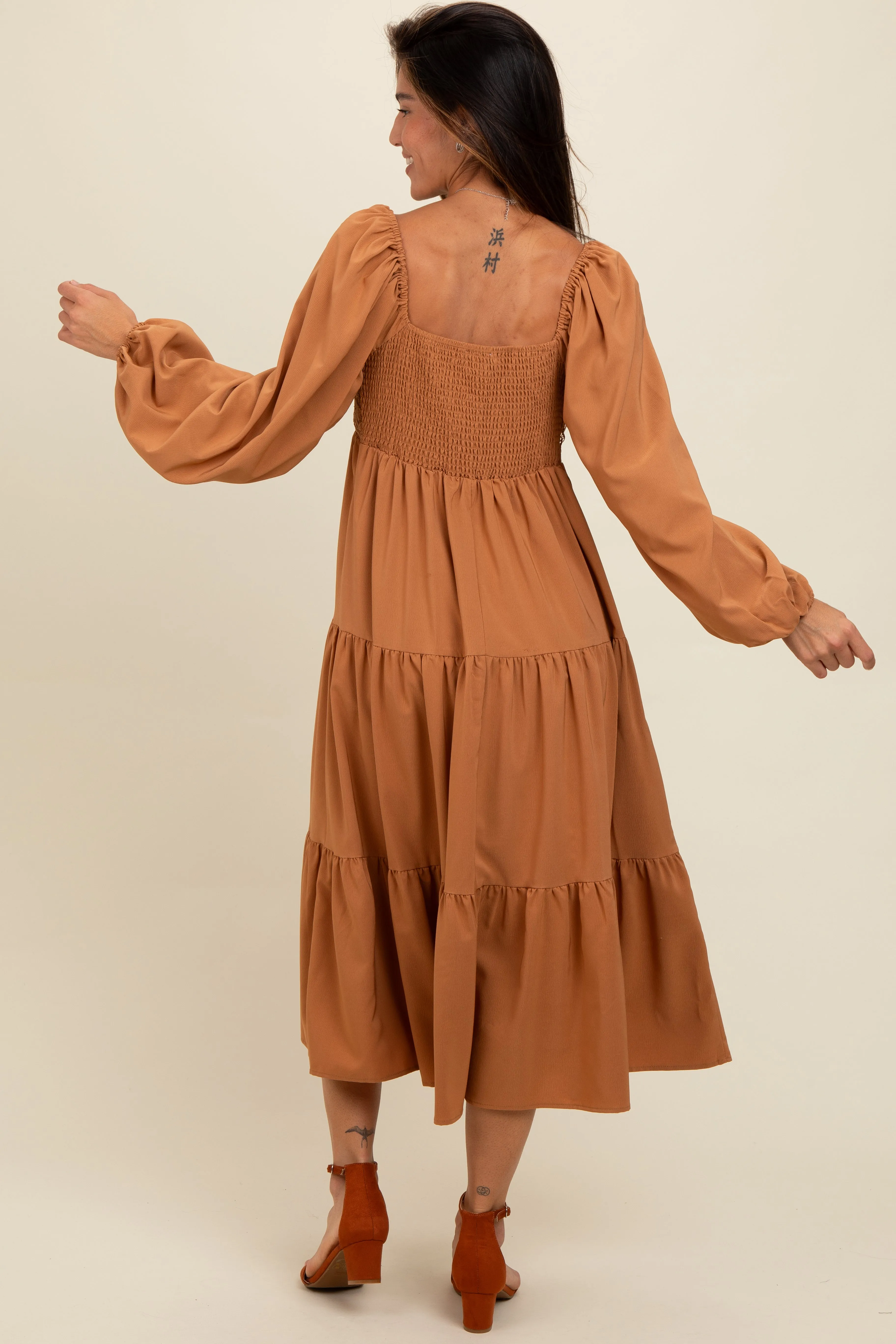 Mocha Contrast Lace Bodice Tiered Midi Dress sold by Pinkblush product image thumbnail 4