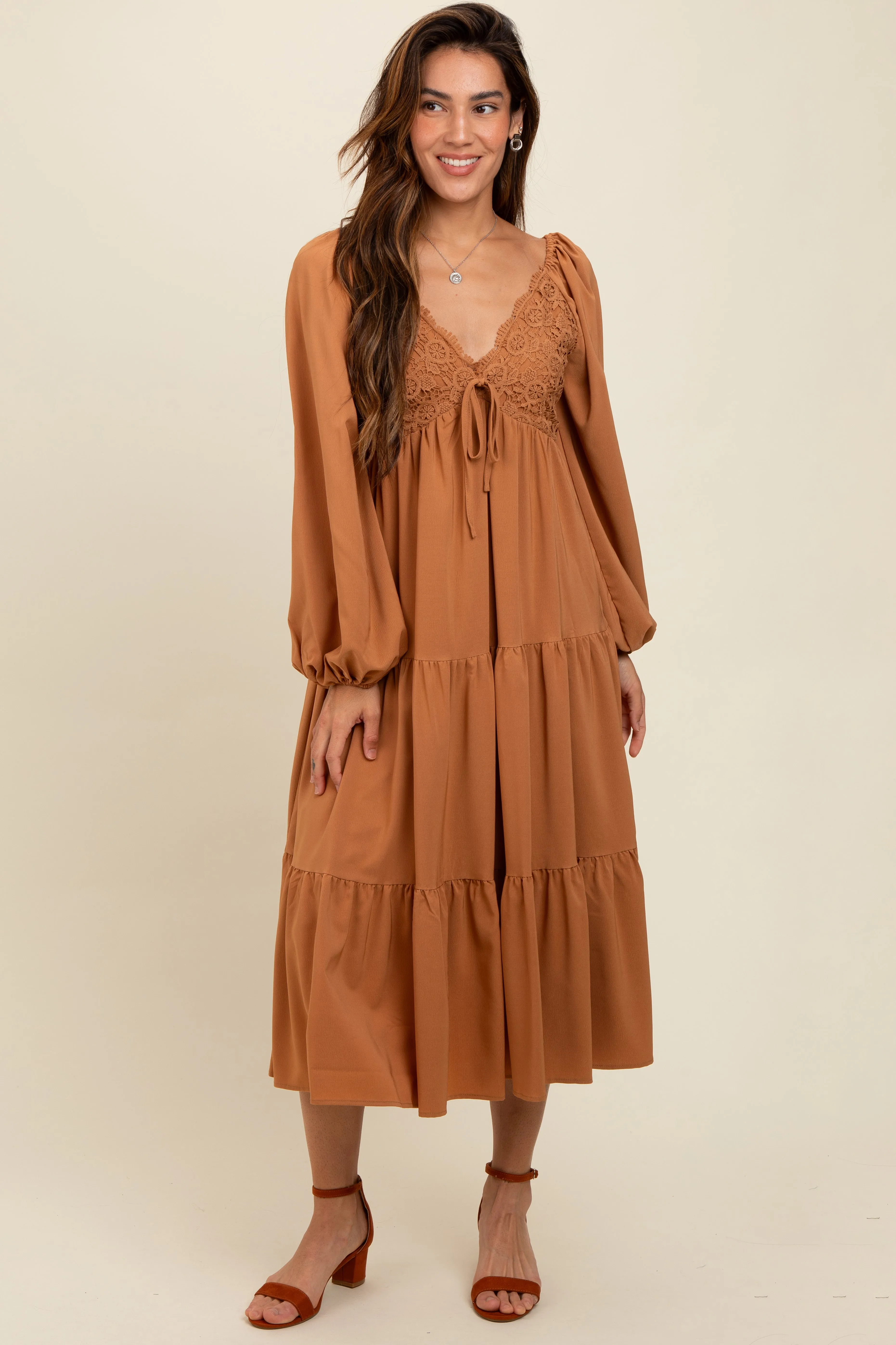 Mocha Contrast Lace Bodice Tiered Midi Dress sold by Pinkblush