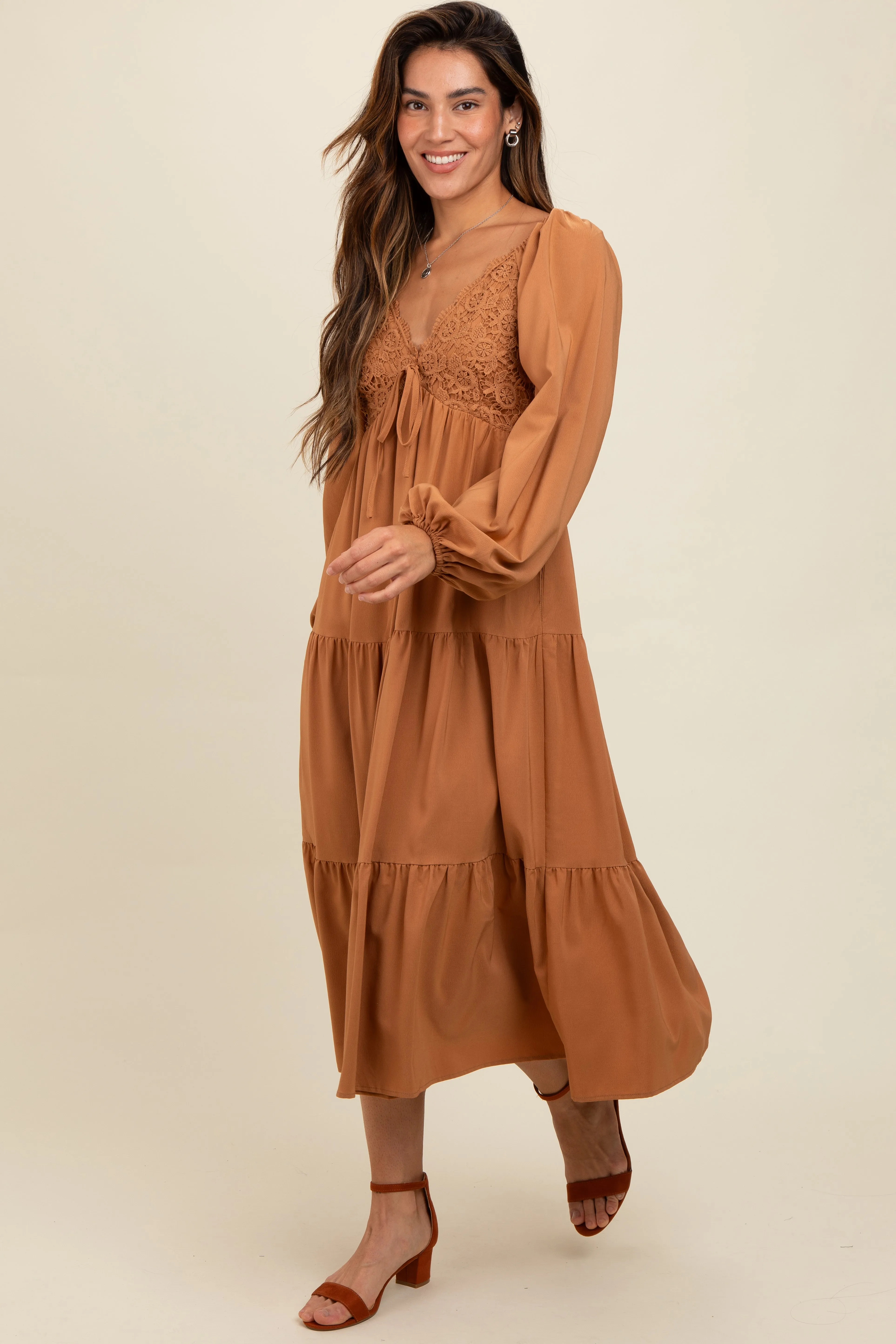Mocha Contrast Lace Bodice Tiered Midi Dress sold by Pinkblush product image thumbnail 2