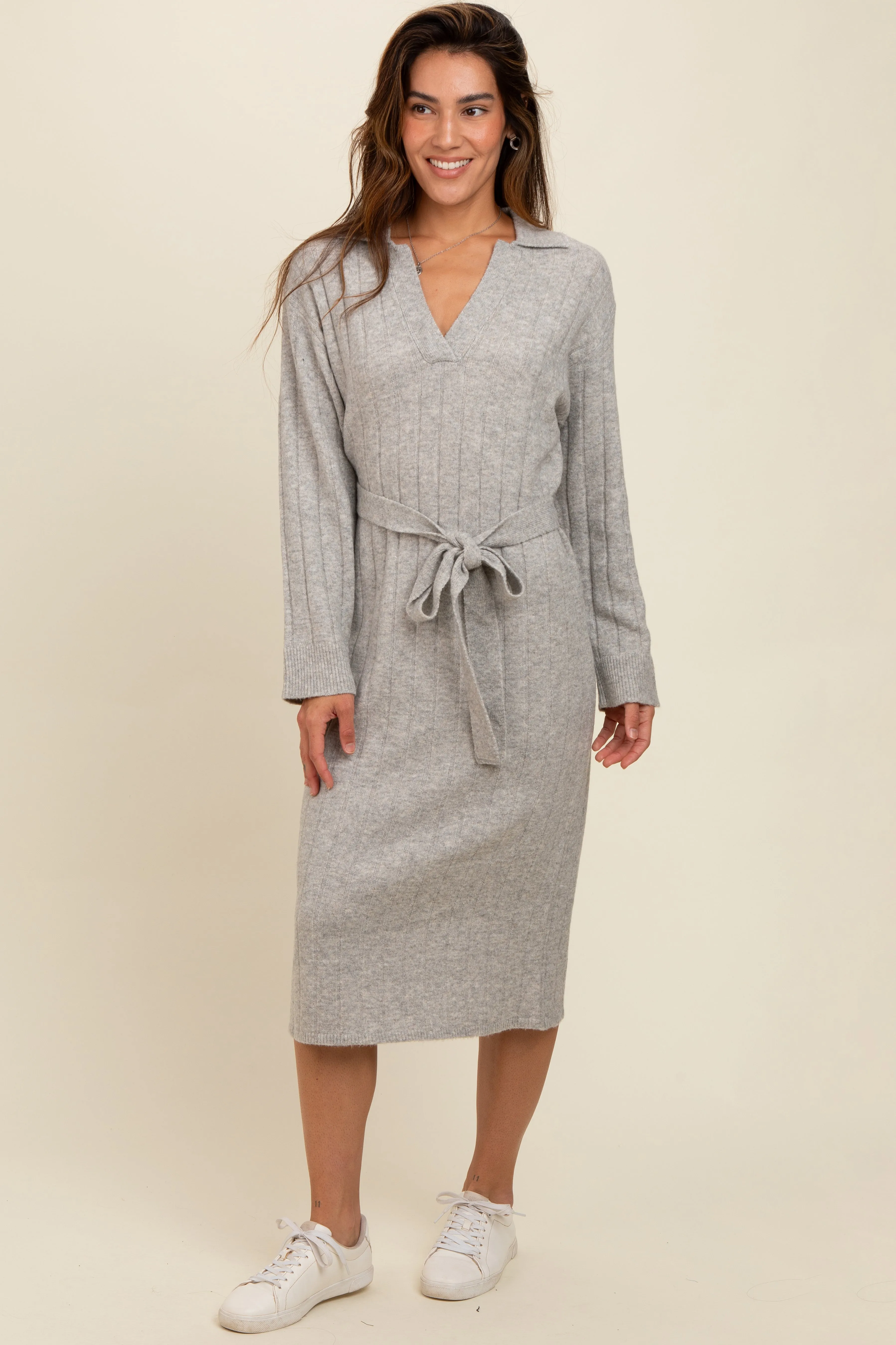 Heather Grey Ribbed Sweater Collared Midi Dress sold by Pinkblush