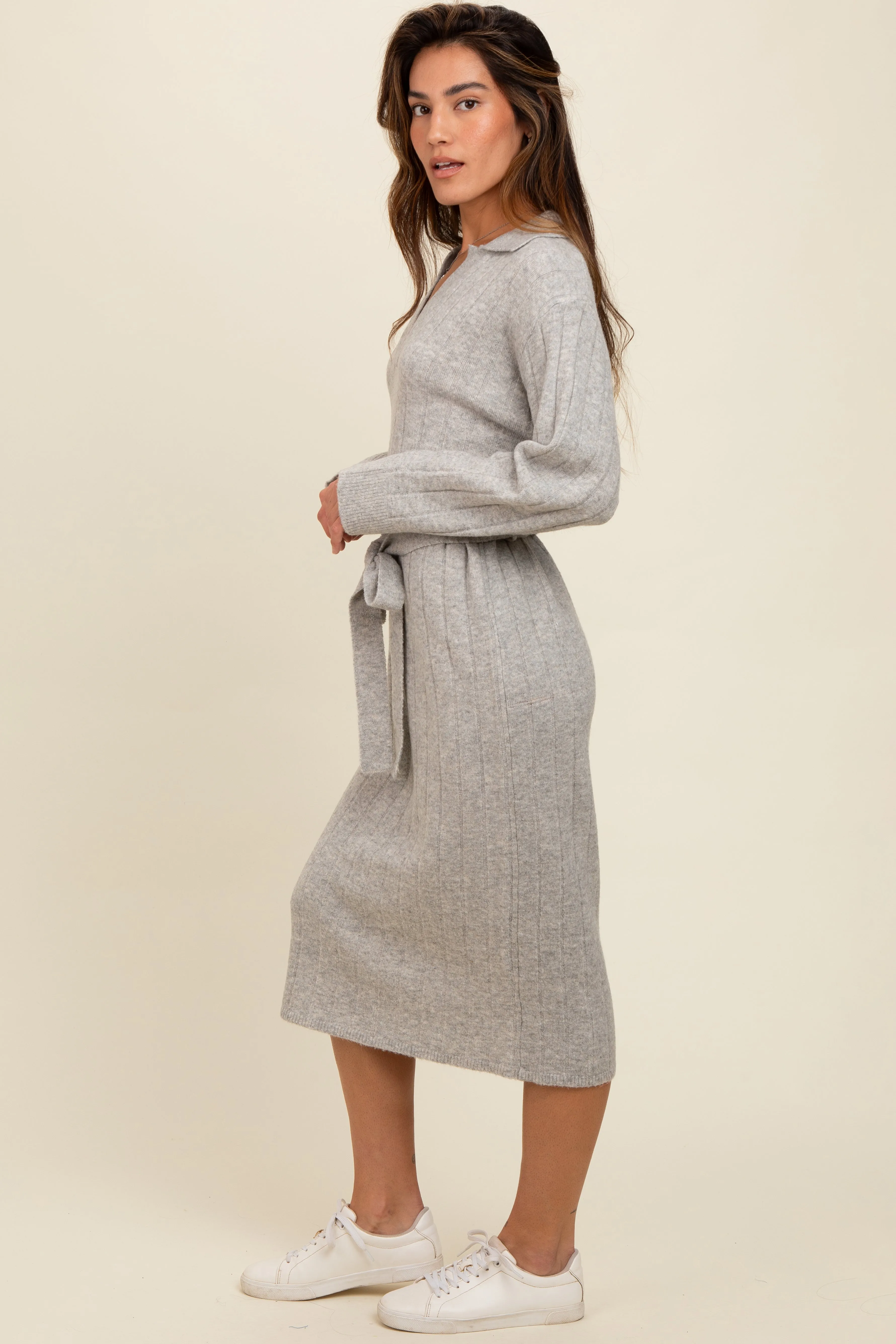Heather Grey Ribbed Sweater Collared Midi Dress sold by Pinkblush product image thumbnail 2