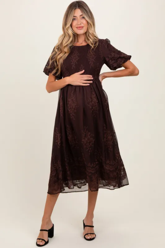 Brown Floral Embroidered Mesh Overlay Smocked Maternity Midi Dress sold by Pinkblush