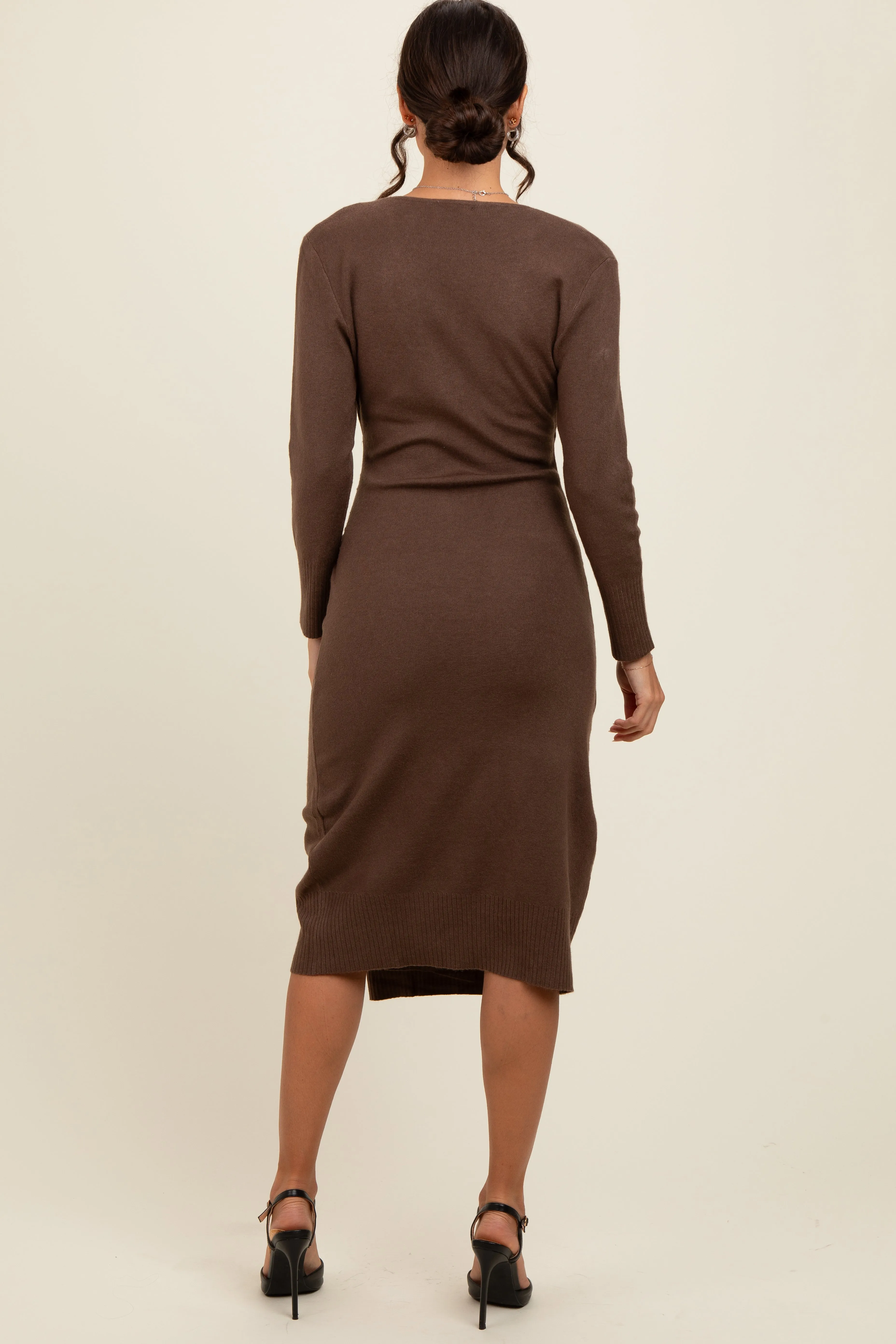 Brown Knit Crossover Ruched Midi Dress sold by Pinkblush product image thumbnail 4