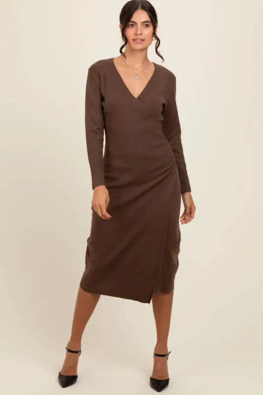 Brown Knit Crossover Ruched Midi Dress sold by Pinkblush