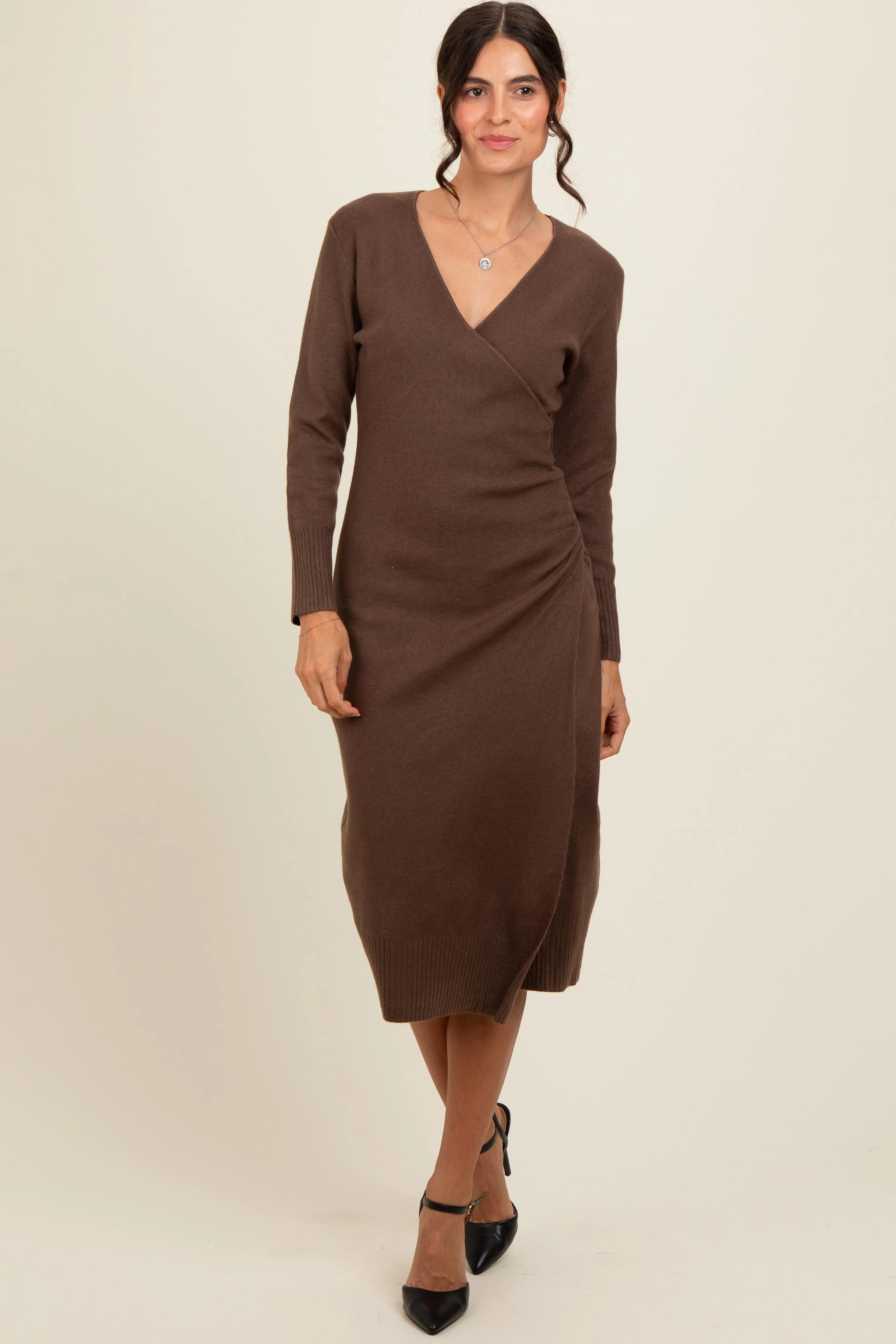 Brown Knit Crossover Ruched Midi Dress sold by Pinkblush product image thumbnail 2