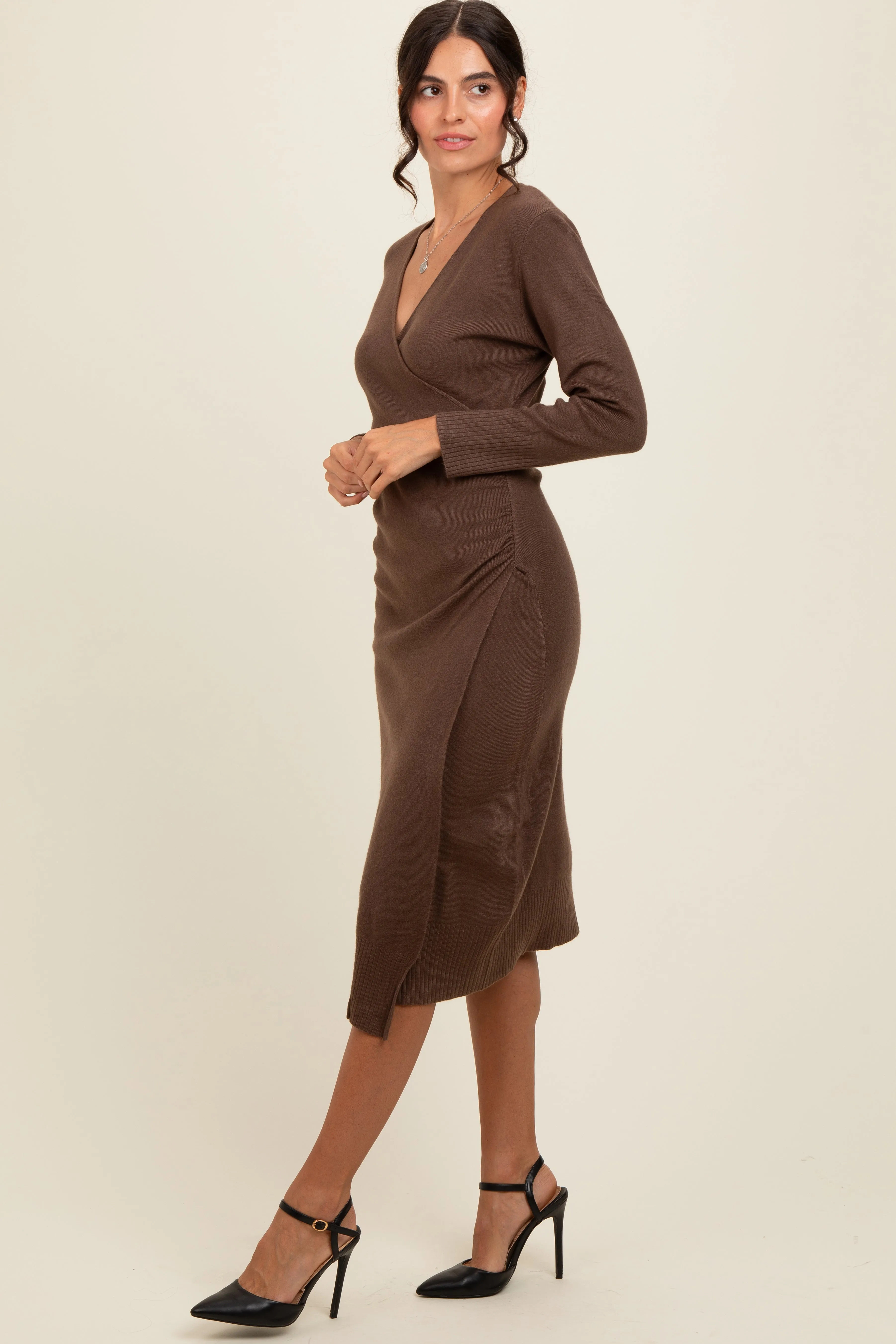 Brown Knit Crossover Ruched Midi Dress sold by Pinkblush product image thumbnail 3