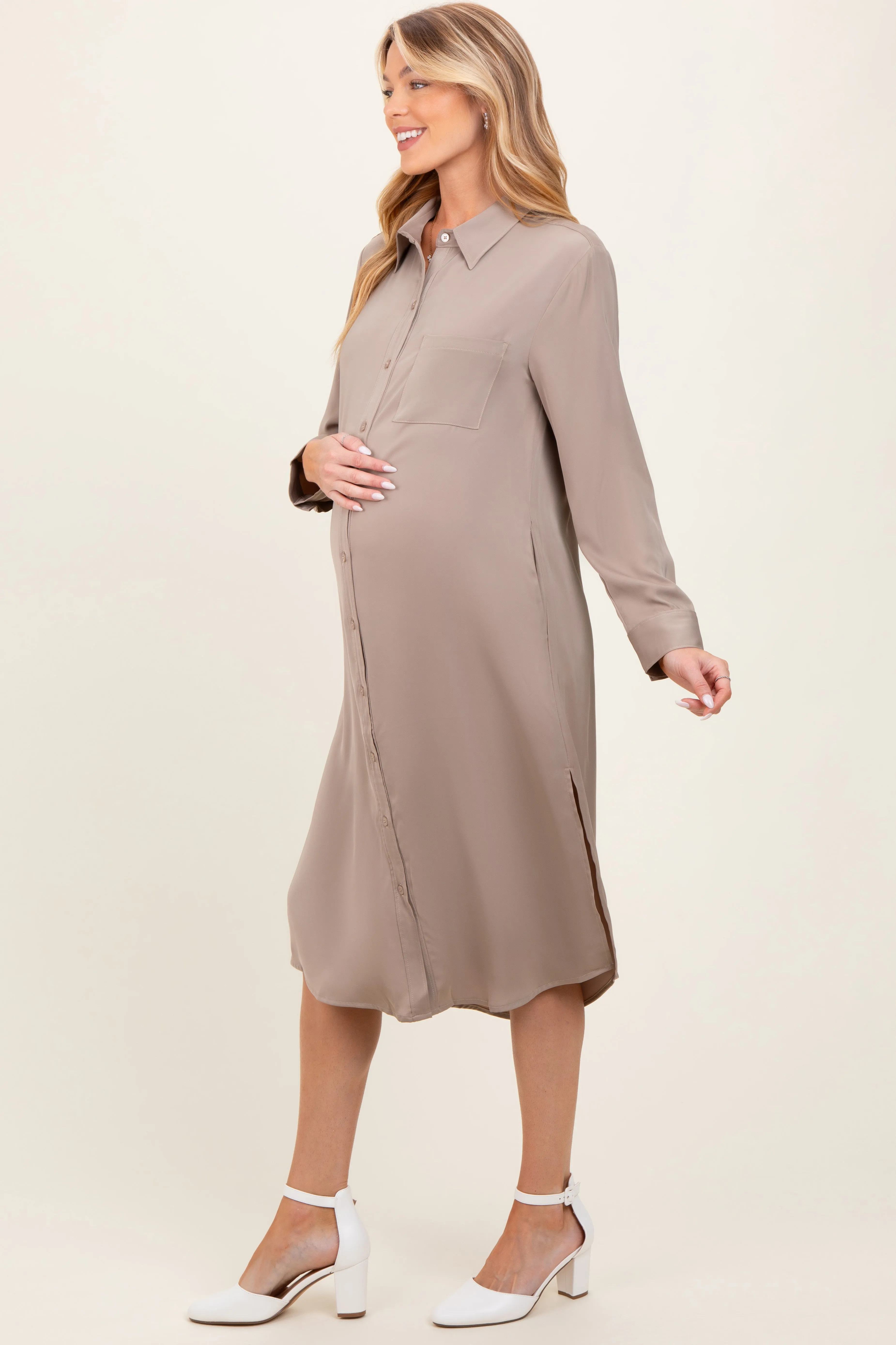 Light Taupe Long Sleeve Maternity Midi Shirt Dress sold by Pinkblush product image thumbnail 3