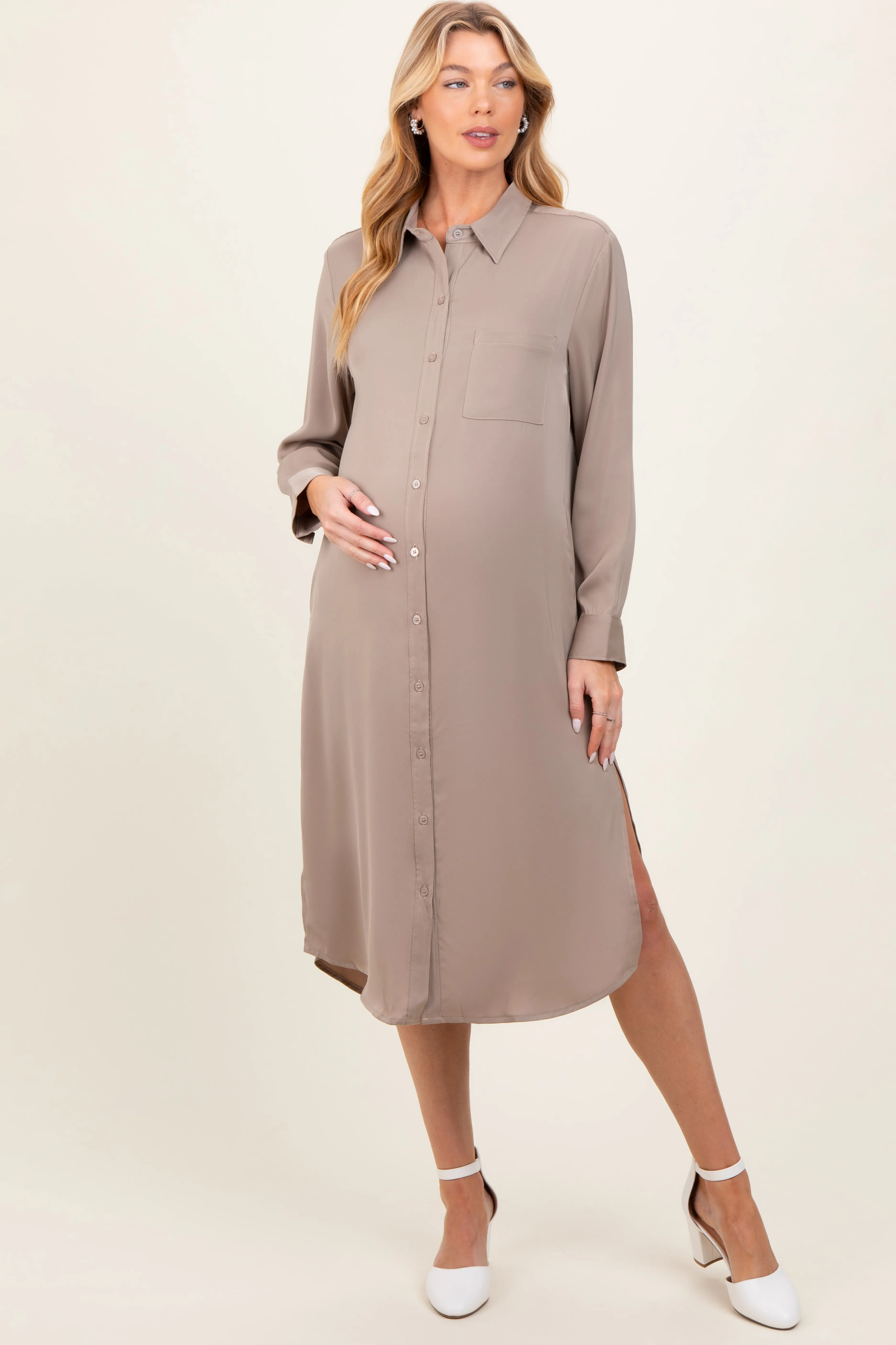 Light Taupe Long Sleeve Maternity Midi Shirt Dress sold by Pinkblush