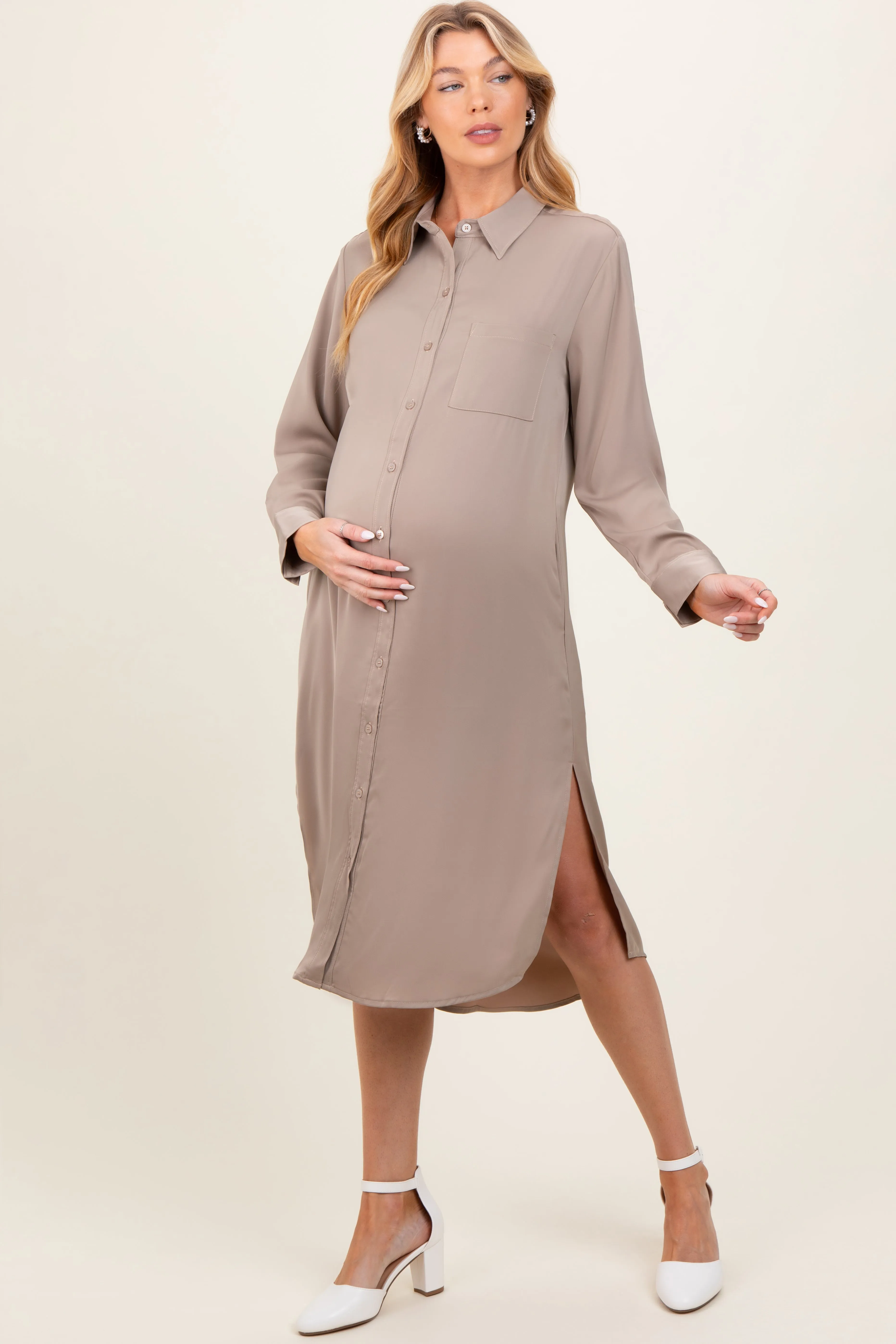 Light Taupe Long Sleeve Maternity Midi Shirt Dress sold by Pinkblush product image thumbnail 2