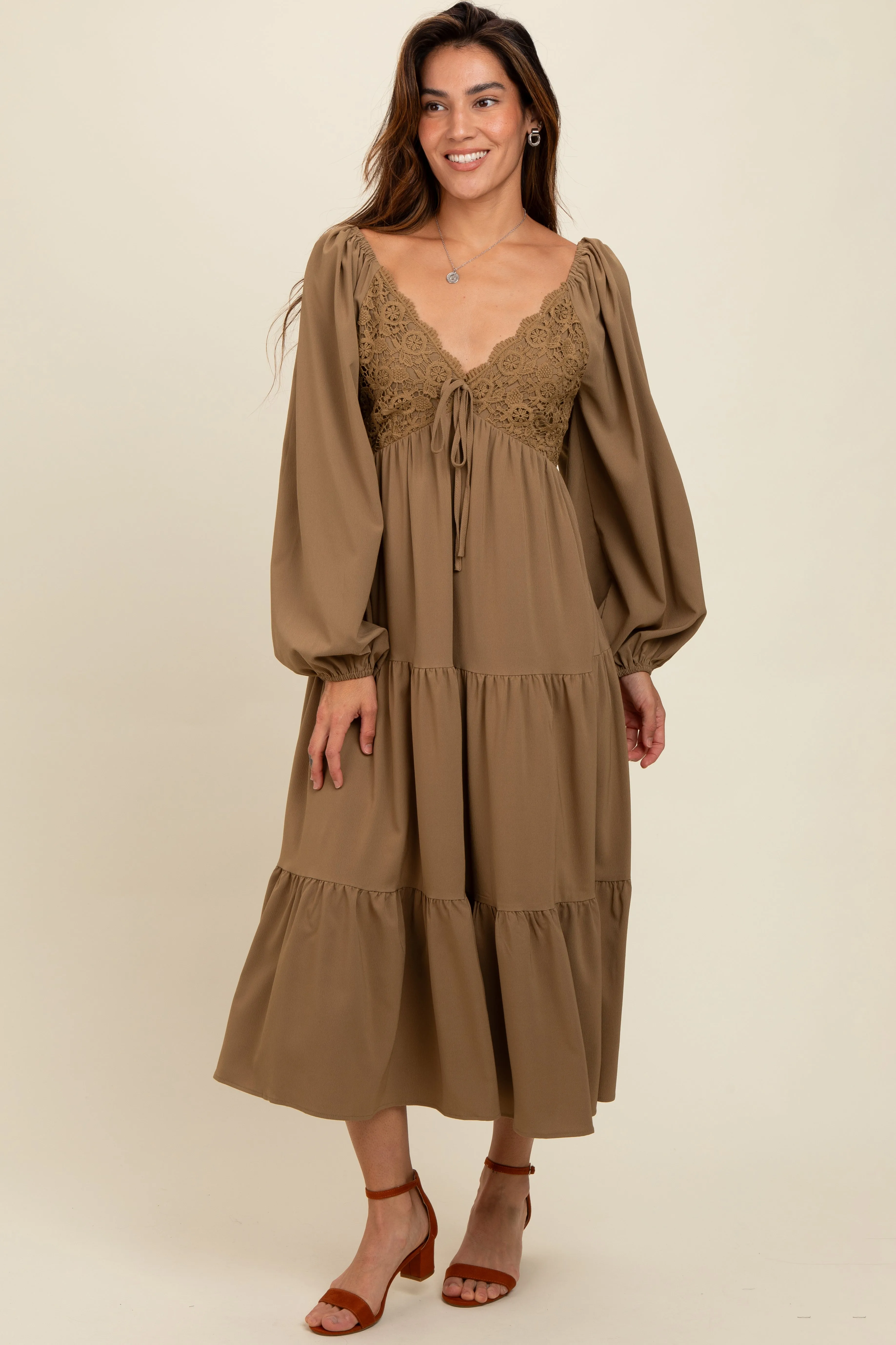 Olive Contrast Lace Bodice Tiered Midi Dress sold by Pinkblush