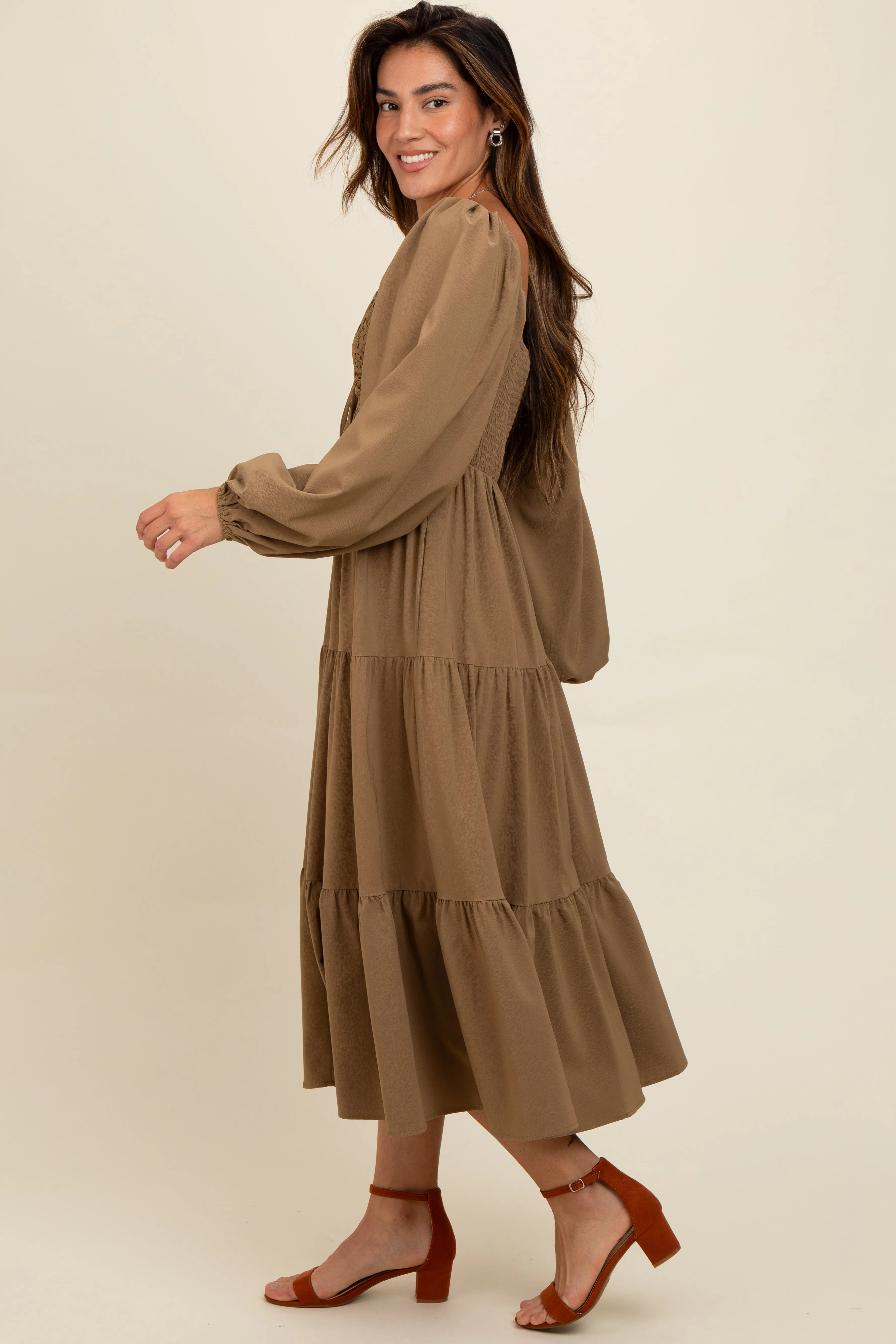 Olive Contrast Lace Bodice Tiered Midi Dress sold by Pinkblush product image thumbnail 2