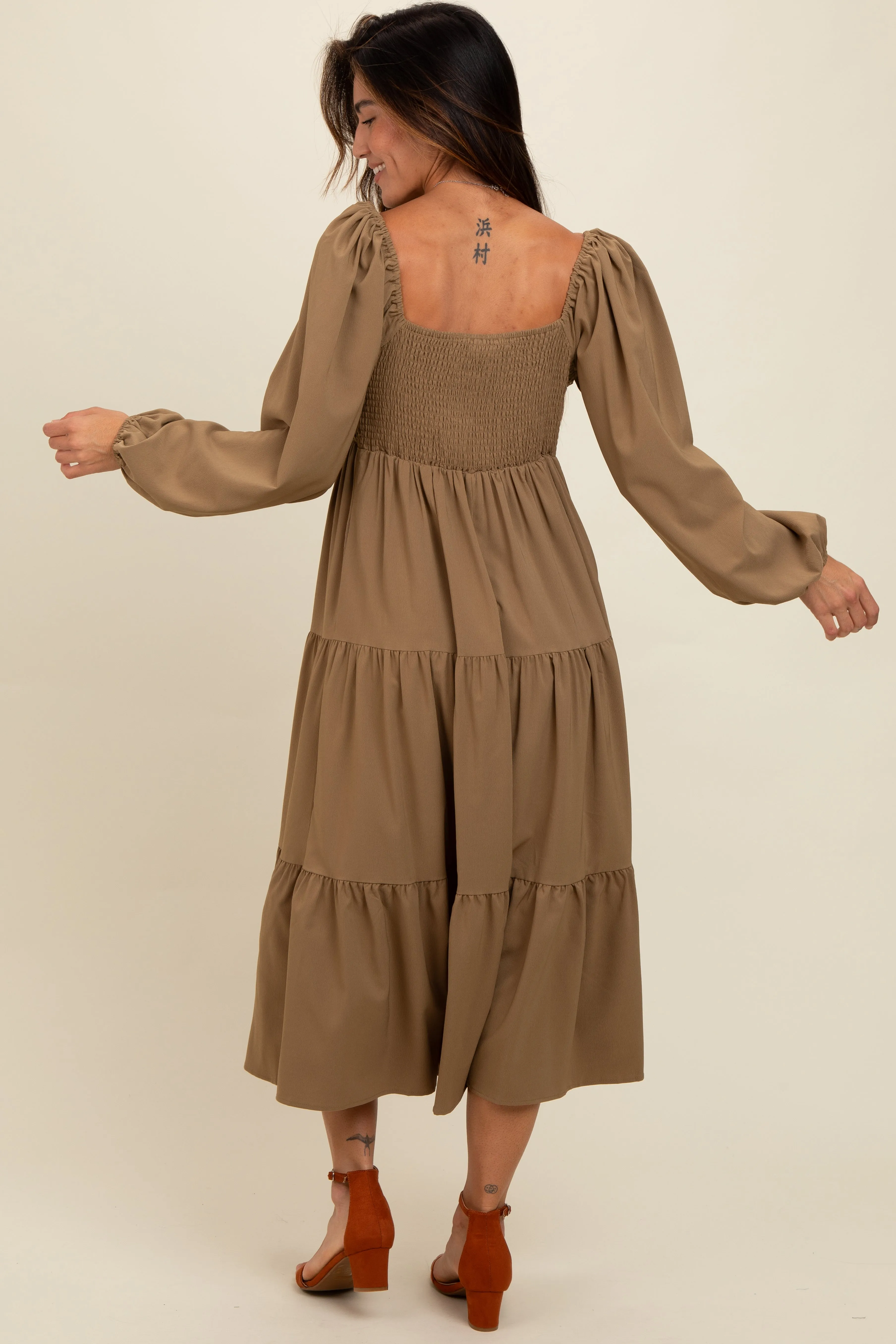 Olive Contrast Lace Bodice Tiered Midi Dress sold by Pinkblush product image thumbnail 3