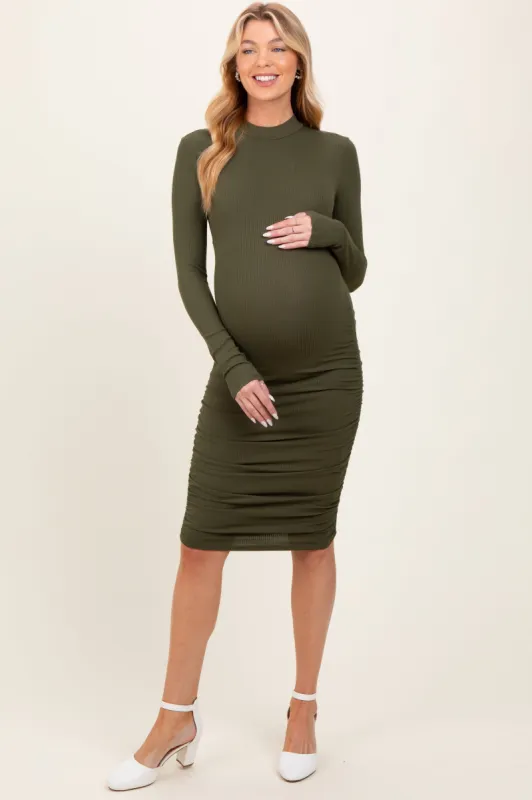 Olive Ribbed Mock Neck Ruched Long Sleeve Maternity Dress sold by Pinkblush