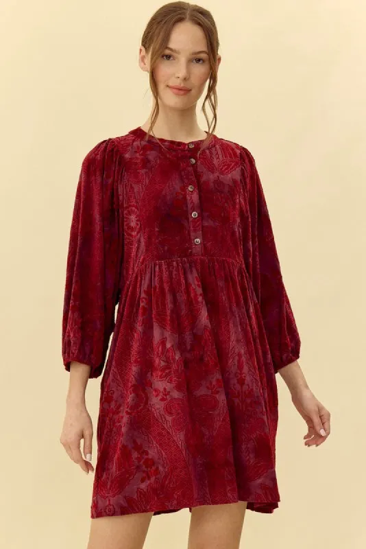 Burgundy Velvet Jacquard Button Up Dress sold by Pinkblush