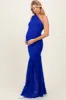 Royal Blue Ruched Mesh One Shoulder Maternity Maxi Dress sold by Pinkblush