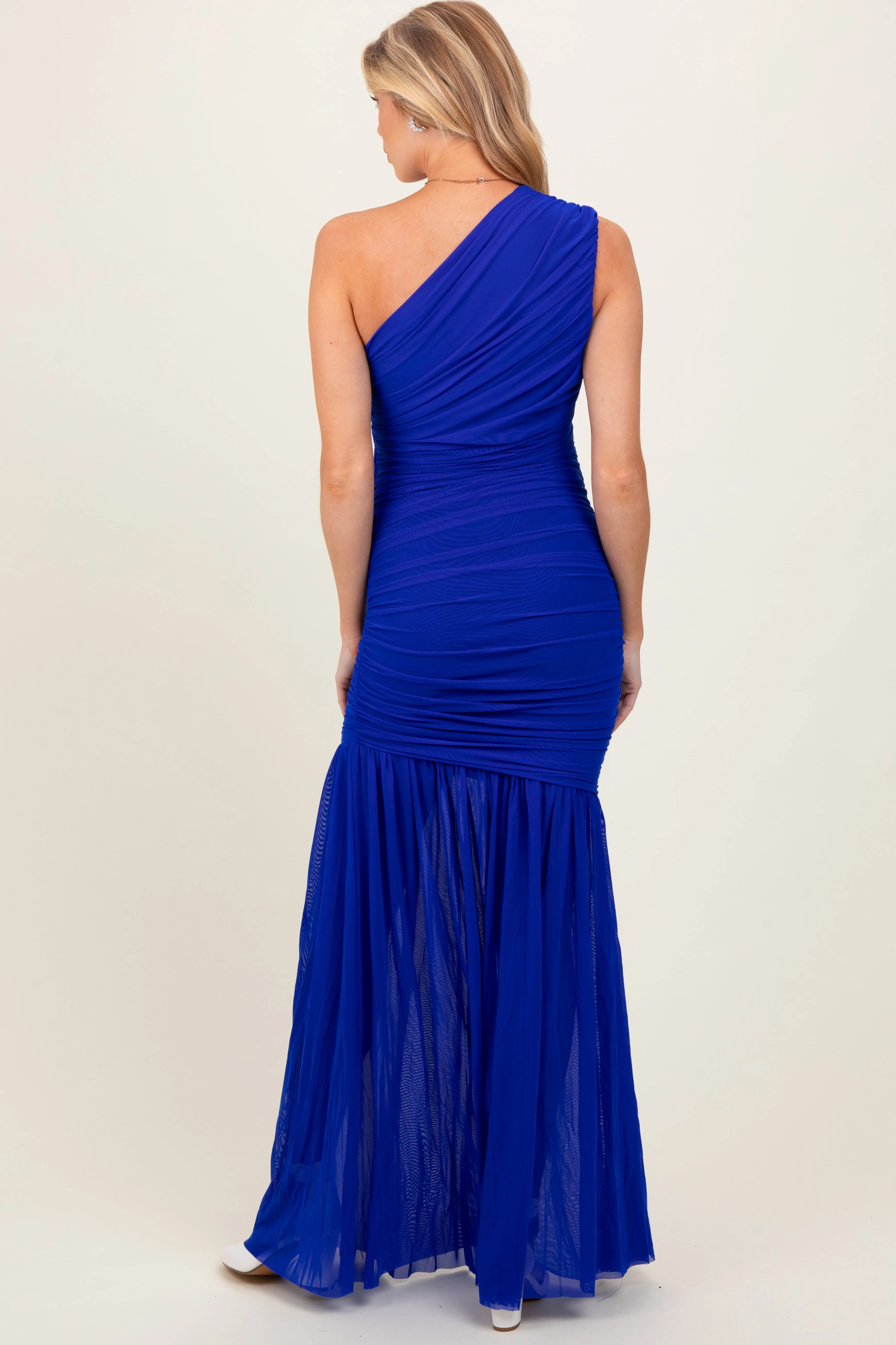 Royal Blue Ruched Mesh One Shoulder Maternity Maxi Dress sold by Pinkblush product image thumbnail 3