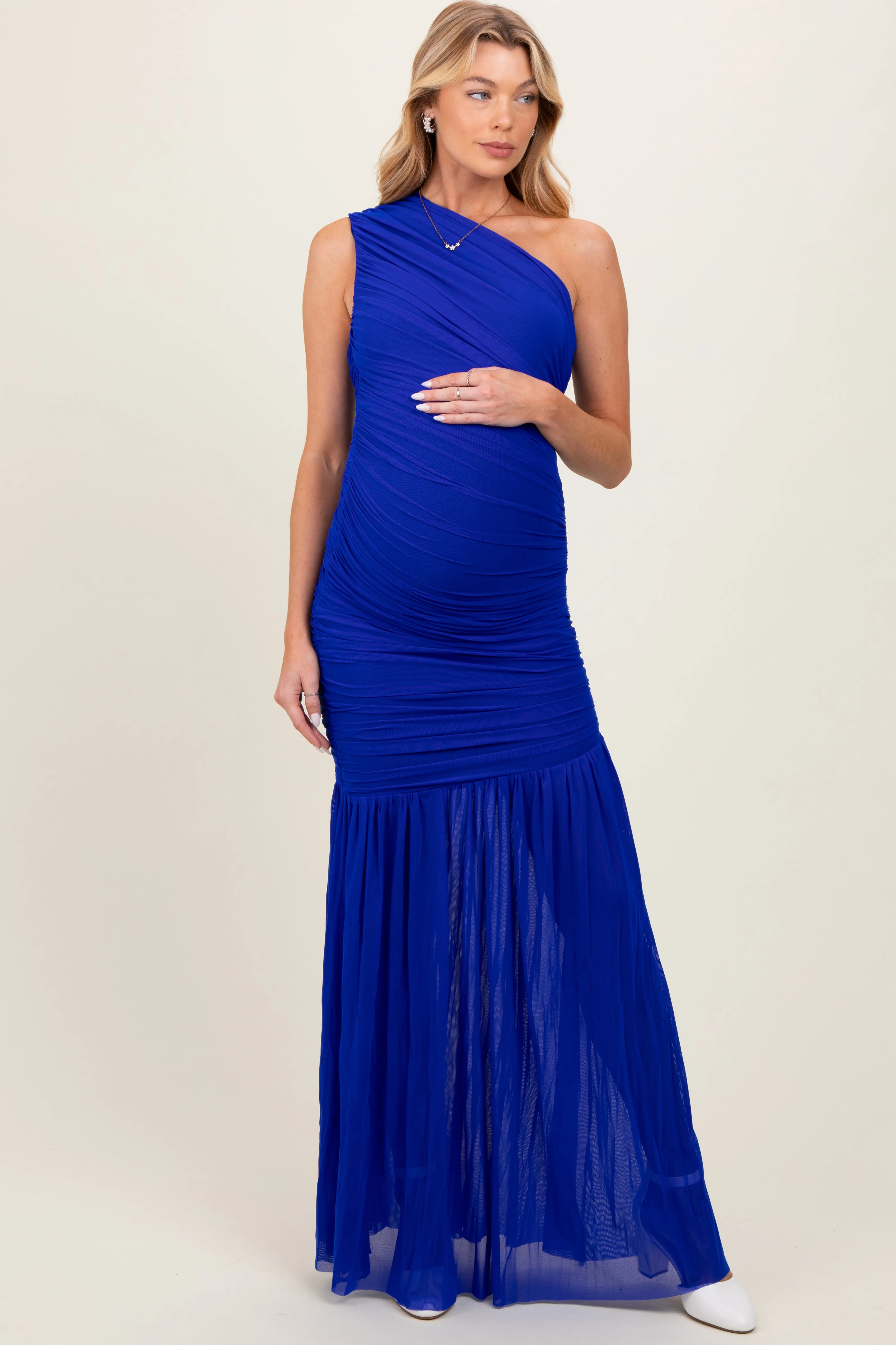 Royal Blue Ruched Mesh One Shoulder Maternity Maxi Dress sold by Pinkblush
