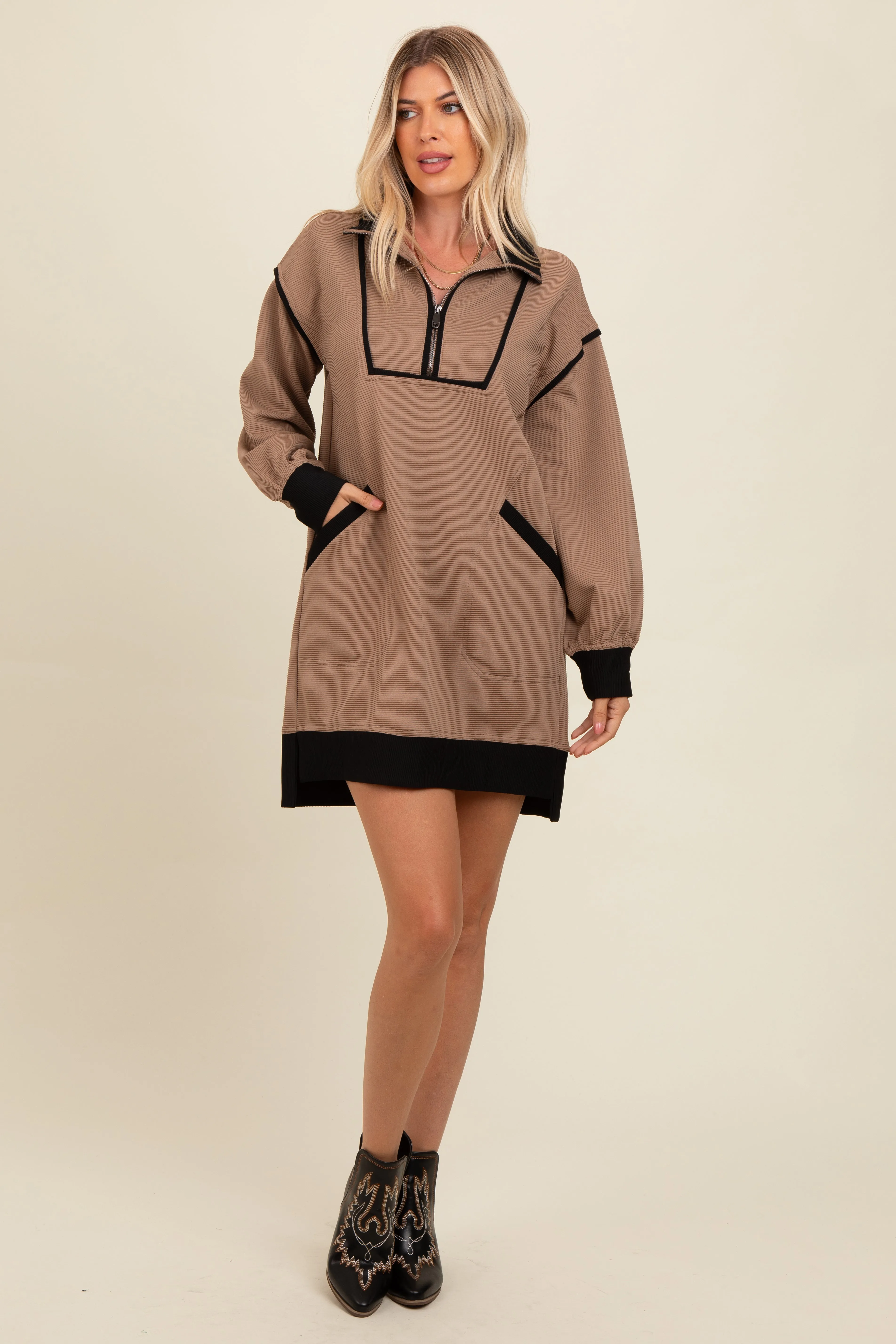 Mocha Contrast Trim Collared Zip Up Mini Dress sold by Pinkblush