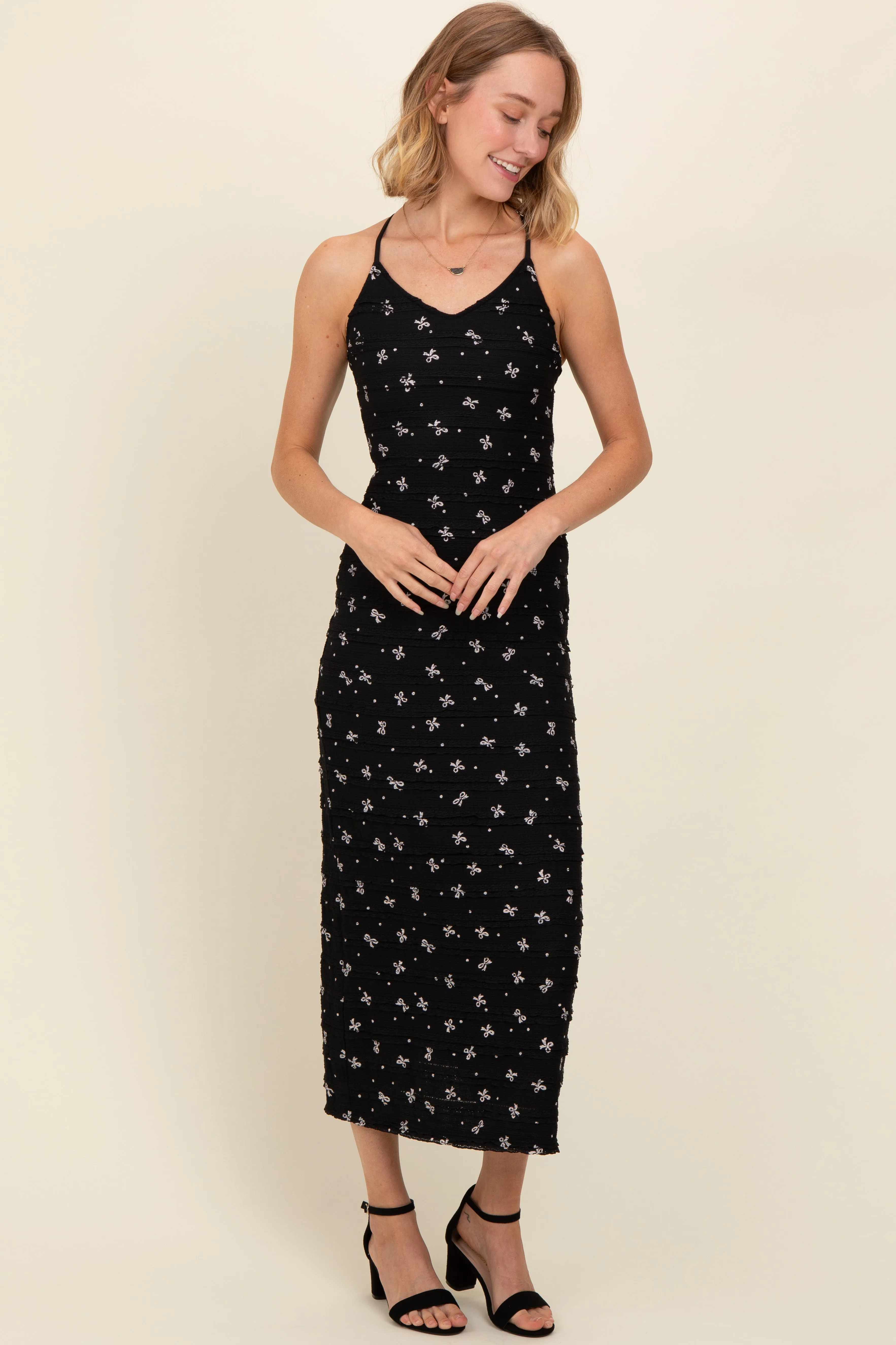 Black Bow Print Ruffle Detail Maxi Dress sold by Pinkblush product image thumbnail 2