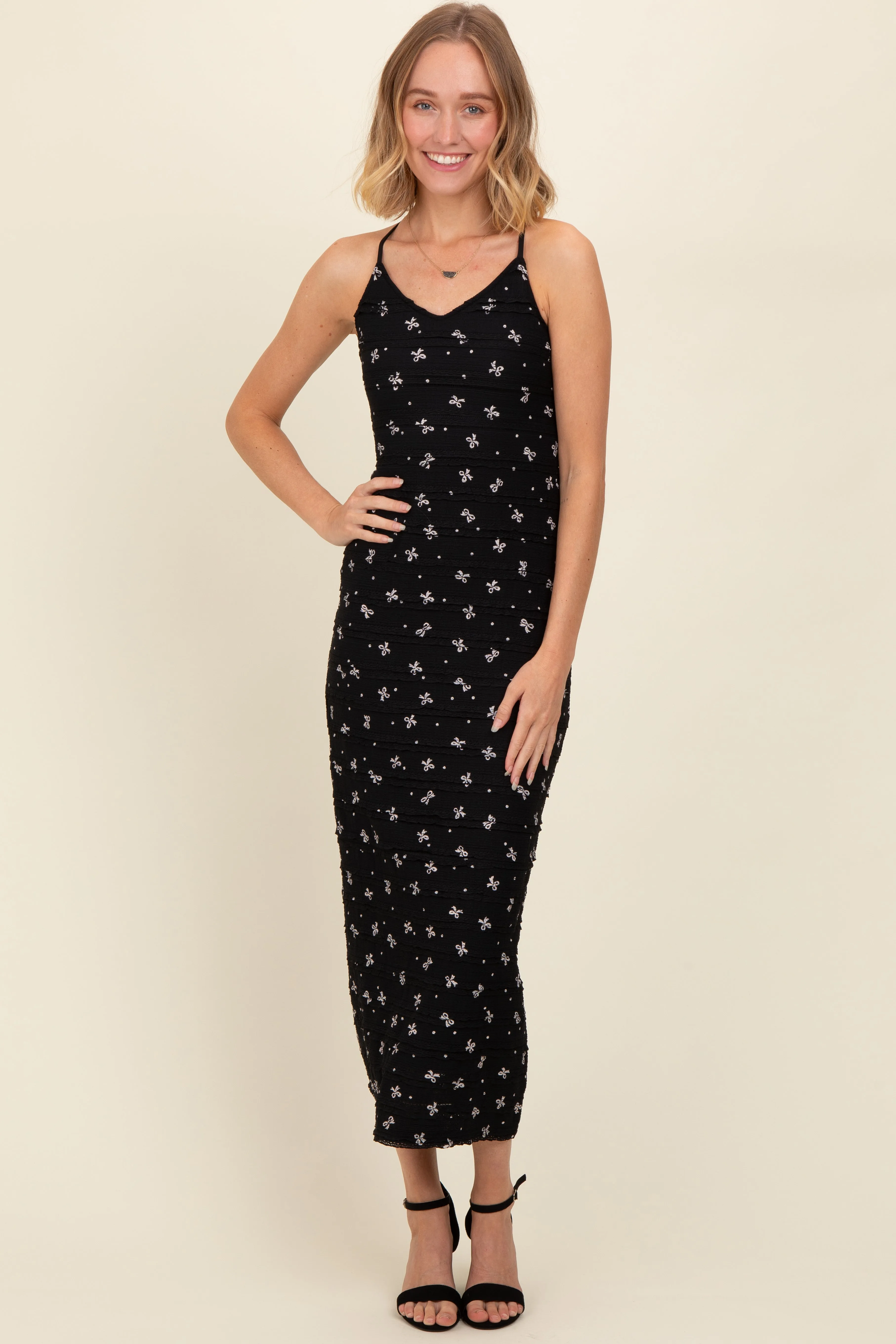 Black Bow Print Ruffle Detail Maxi Dress sold by Pinkblush