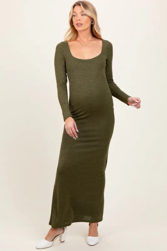Olive Basic Square Neck Long Sleeve Maternity Maxi Dress sold by Pinkblush