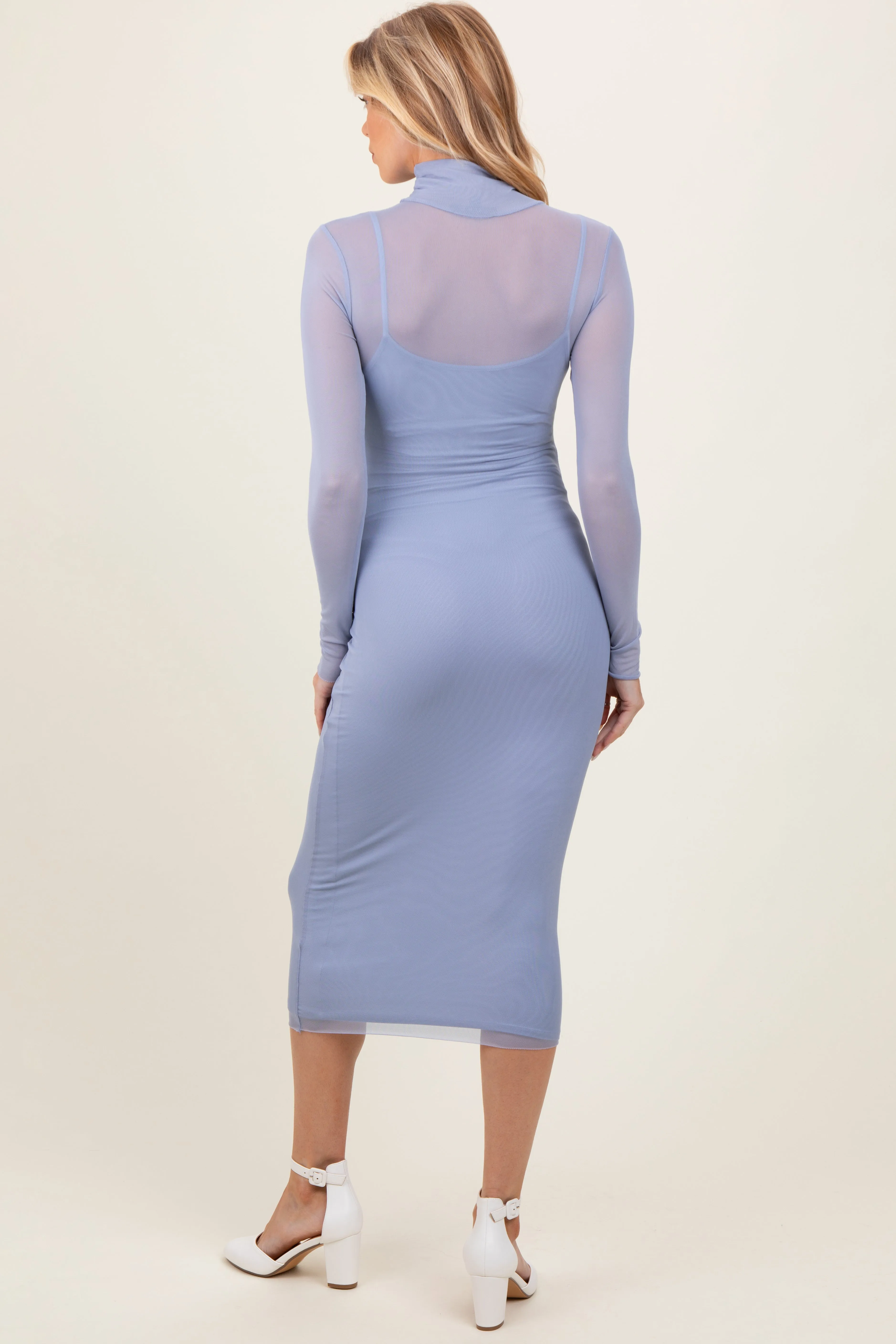 Light Blue Mesh Overlay Fitted Maternity Midi Dress sold by Pinkblush product image thumbnail 4